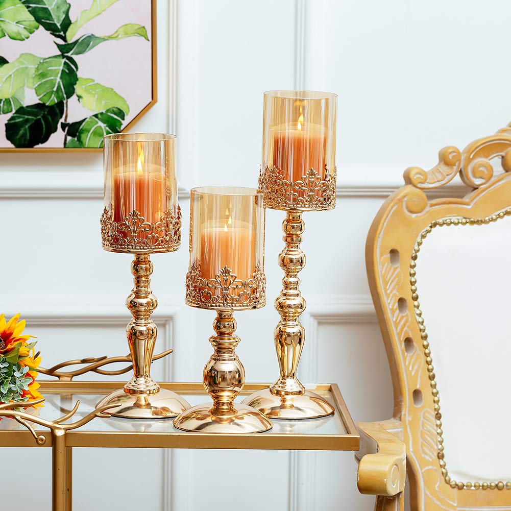 Nuptio Portacandele A Colonna con Vetro, Set di 3 Portacandele in Uragano Oro Regali per Decorazione della Casa, Portacandele A Lume di Candela Centrotavola Anniversario Matrimonio