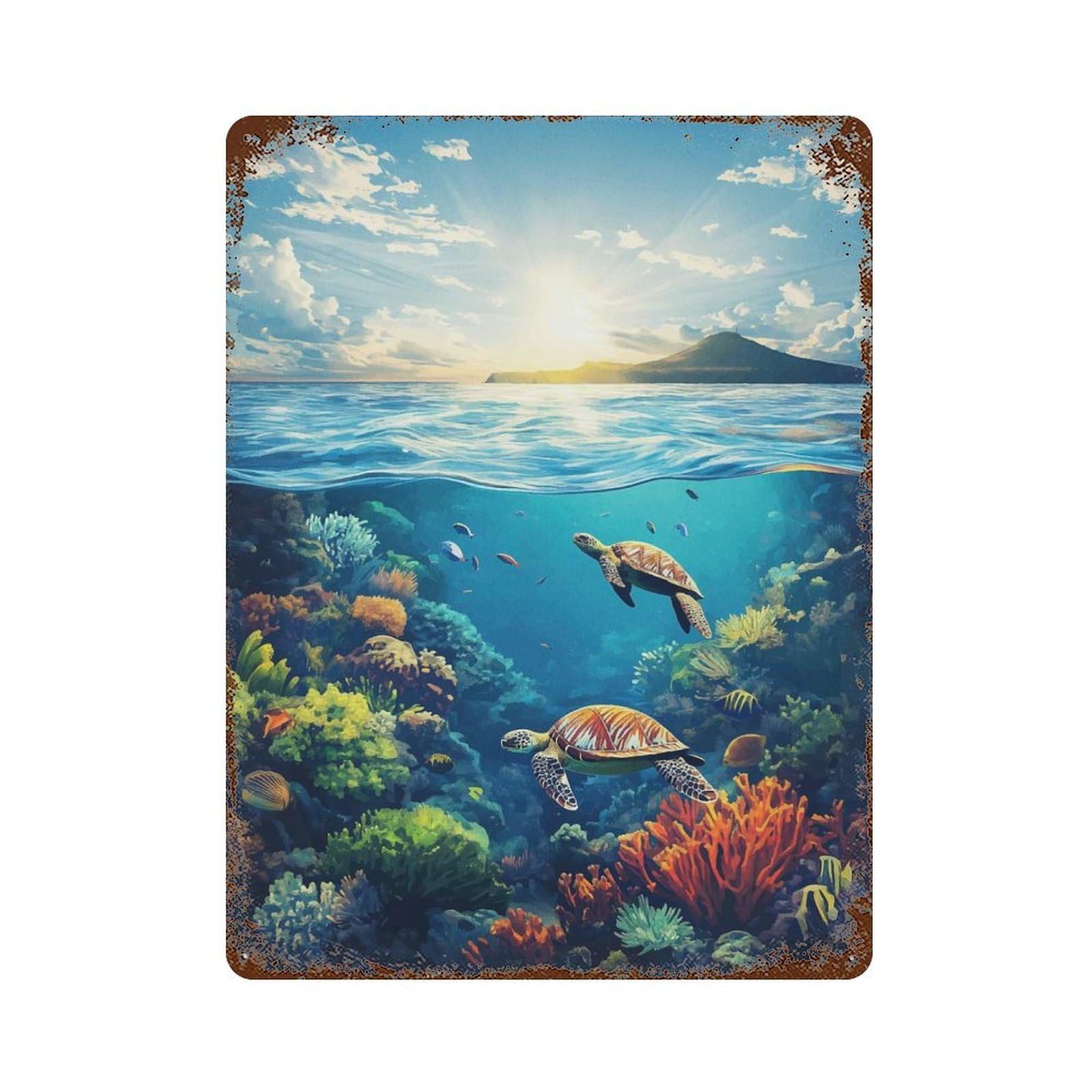 Garage Style Sea Turtles And Coral Reef Rusty Metal Tin Sign 15.7"x11.8", Novelty Wall Decor for Bar And Workshop