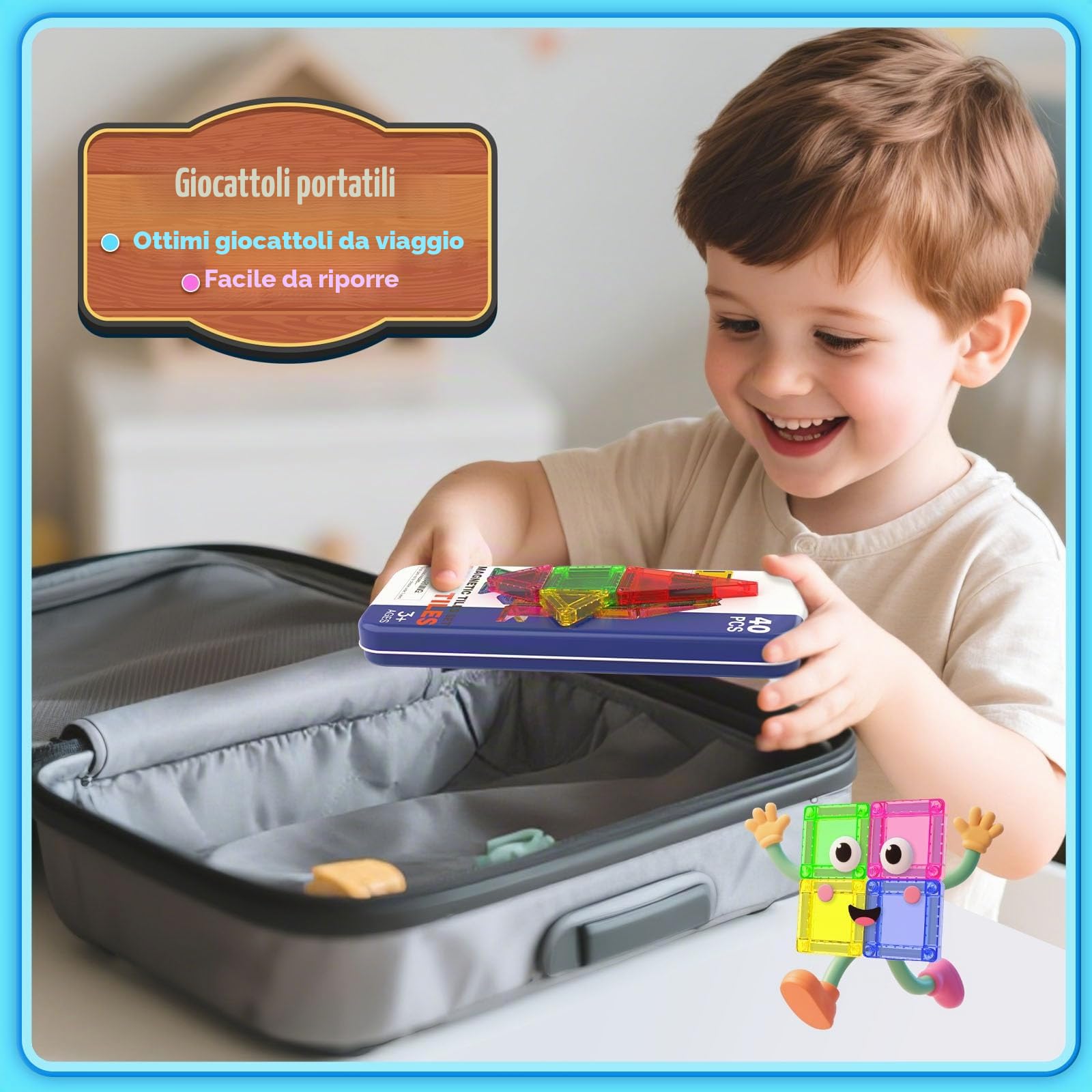 Lot di 40 mini blocchi magnetici per bambini dai 4 agli 8 anni - Giochi silenziosi in auto + giochi magnetici da viaggio