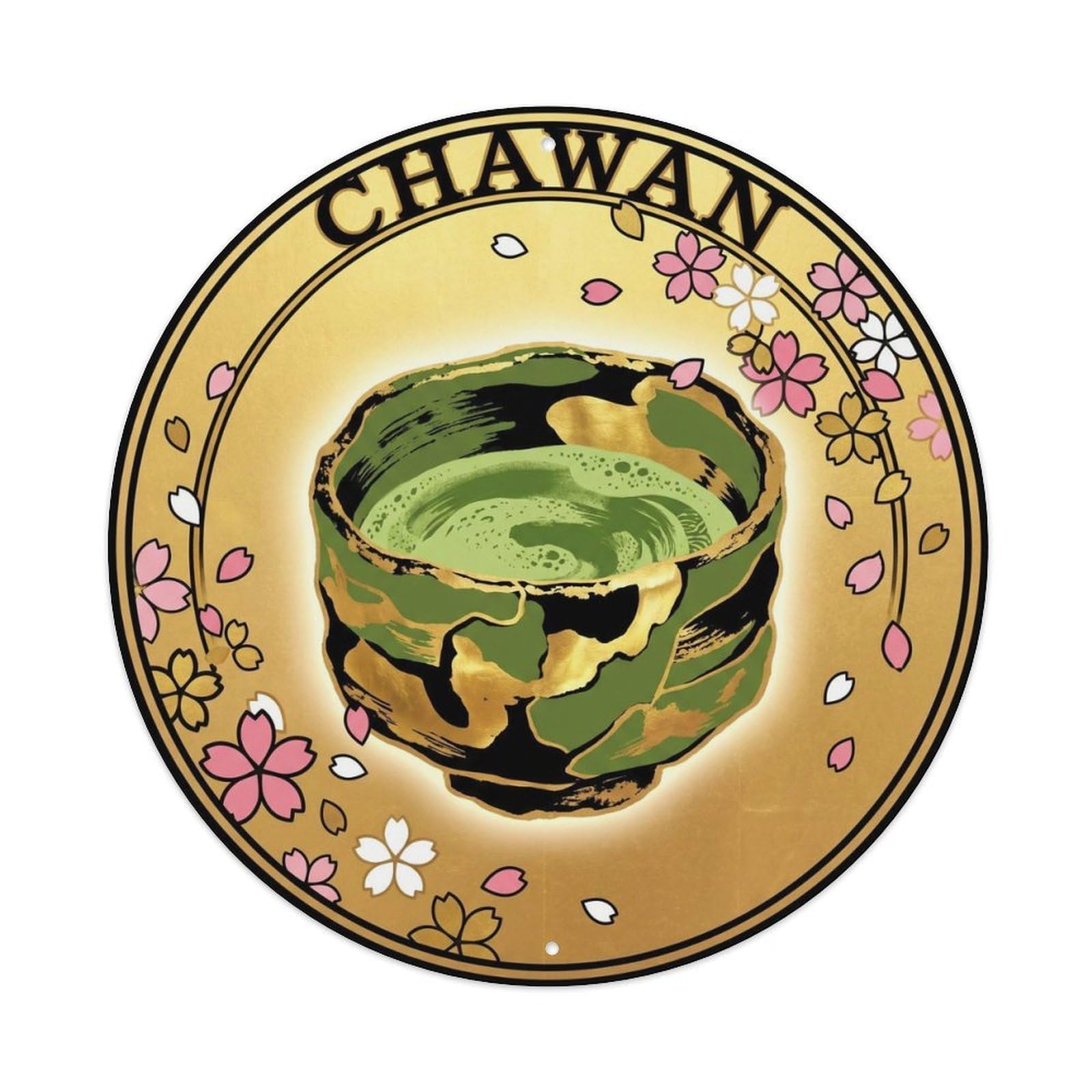Olyhtr 8X8inch Classic Style Chado Chawan Bowl Treasured Rinpa Gold Matcha Metal Tin Sign