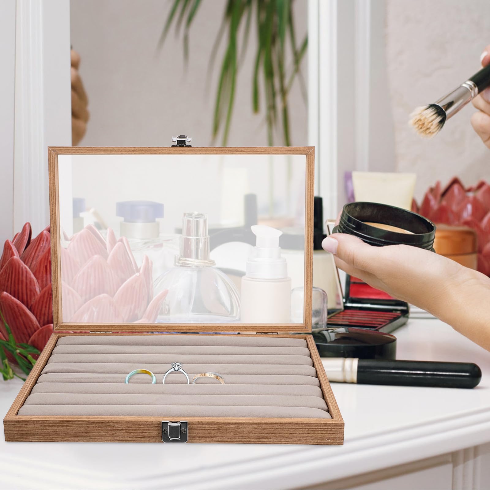 Happyyami Ring Organizer Box, Scatola per Gioielli in Vetro e Legno con Accesso Facile, per Regalo di Matrimonio e Anniversario