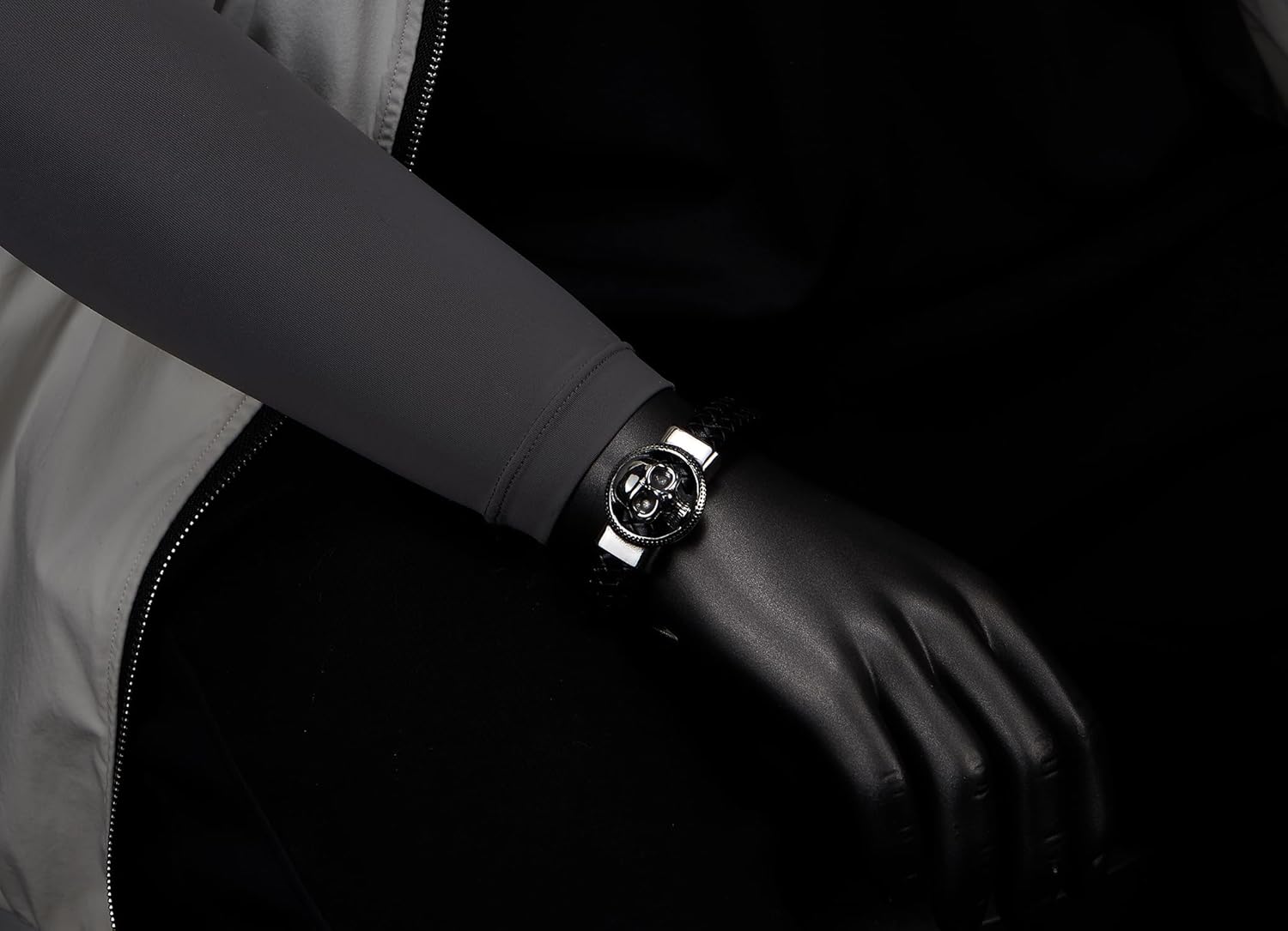 COOLSTEELANDBEYOND Men's Braided Black Leather Skull Bracelet, Gothic Biker Jewelry with Polished Stainless Steel Clasp, Masculine Punk Rock Fashion Gift - Image 2