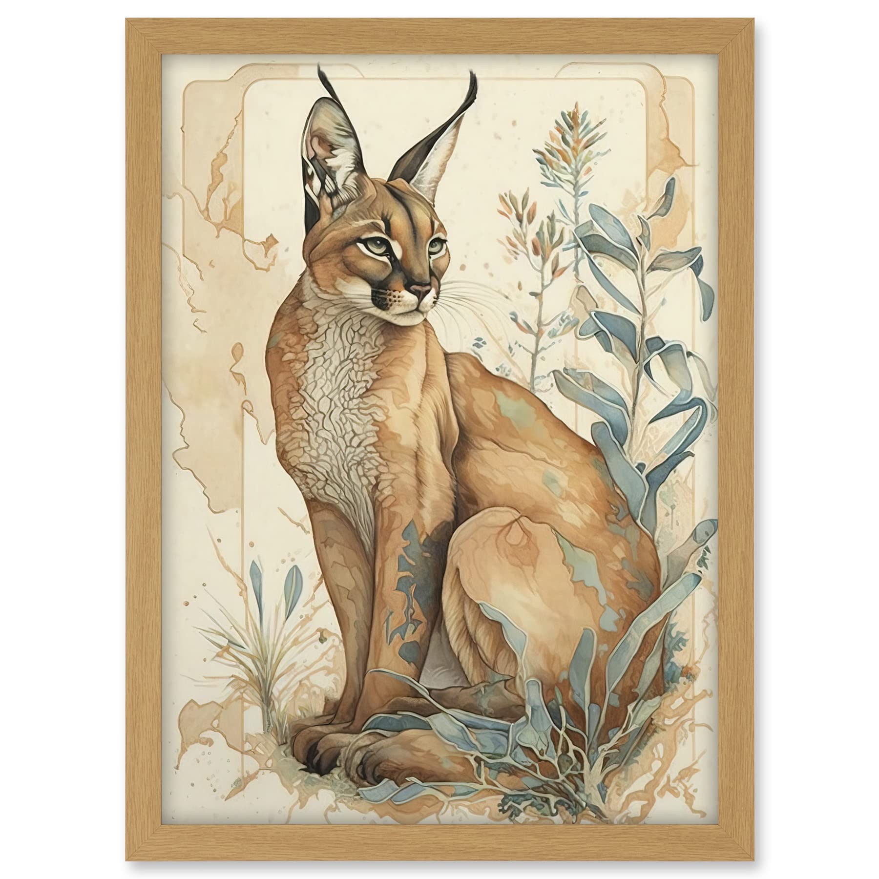 Artery8 Caracal Cat with Teal Plants Modern Pastel Watercolour Illustration Artwork Framed A3 Wall Art Print