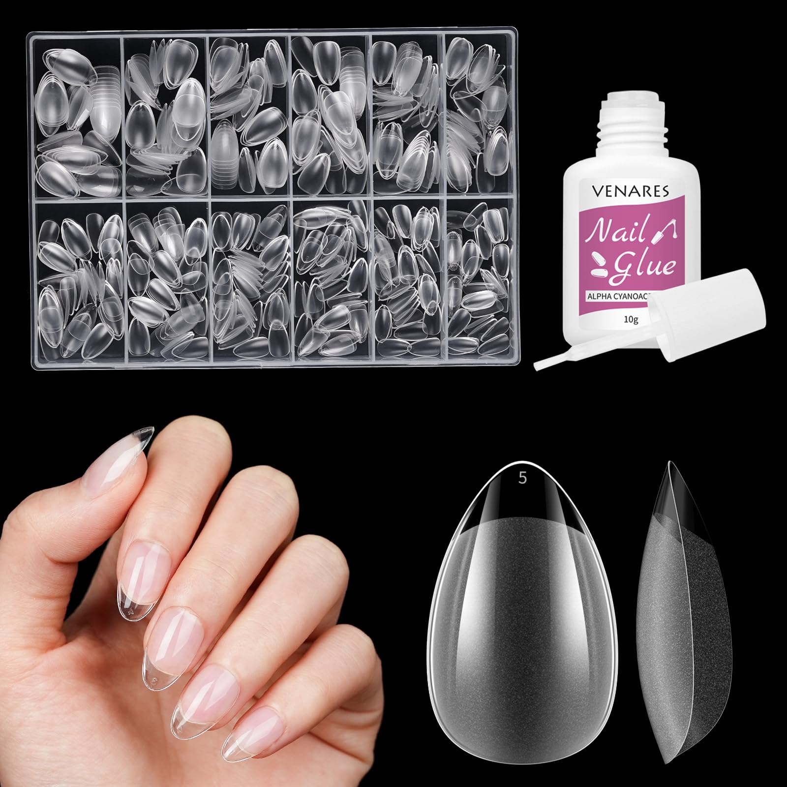 Extra Kurze Mandel Künstliche Nägel Tips zum Aufkleben Set, Venares 500 Stück Kurze Nageltips für Gelnägel Starterset,12 Größen Soft Gel Full Cover Nail Tips mit Klebenägel für Nagelverlängerung