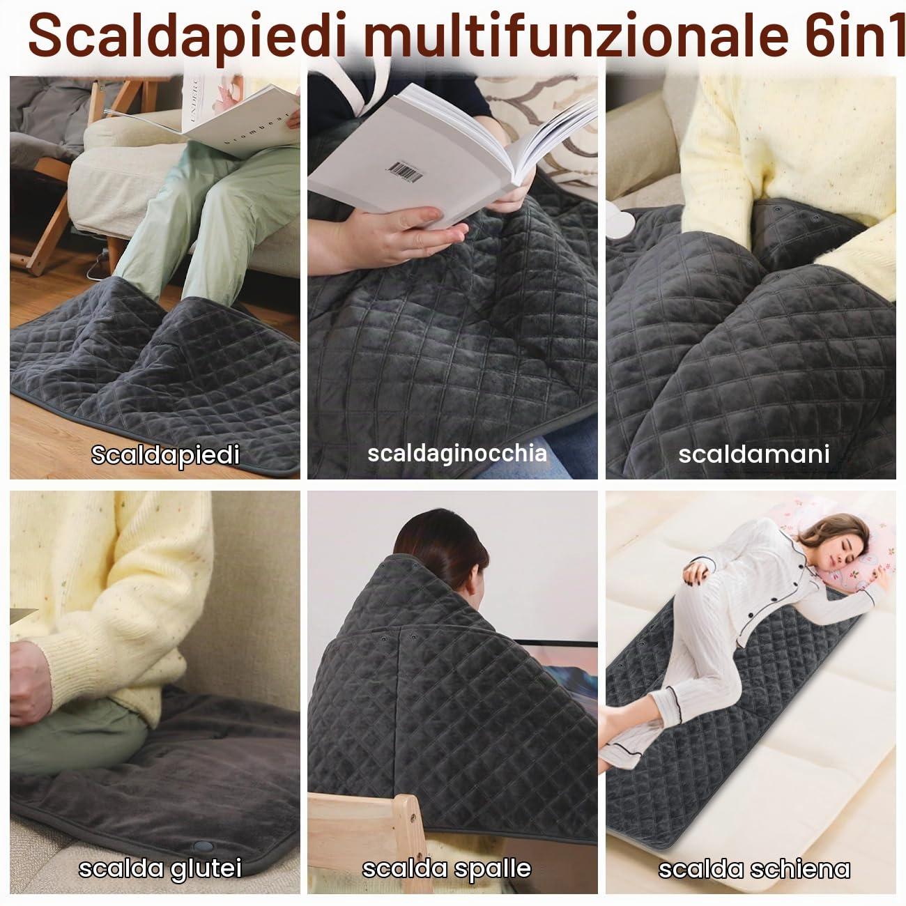 Scaldapiedi 6in1, 90 * 50cm, Scaldapiedi elettrico, 4 livelli di temporizzazione (2/4/6/8H),termoforo piedi,7 livelli di temperatura,riscalda piedi,lavabile,utilizzabile su mani,piedi,ginocchia,ecc.