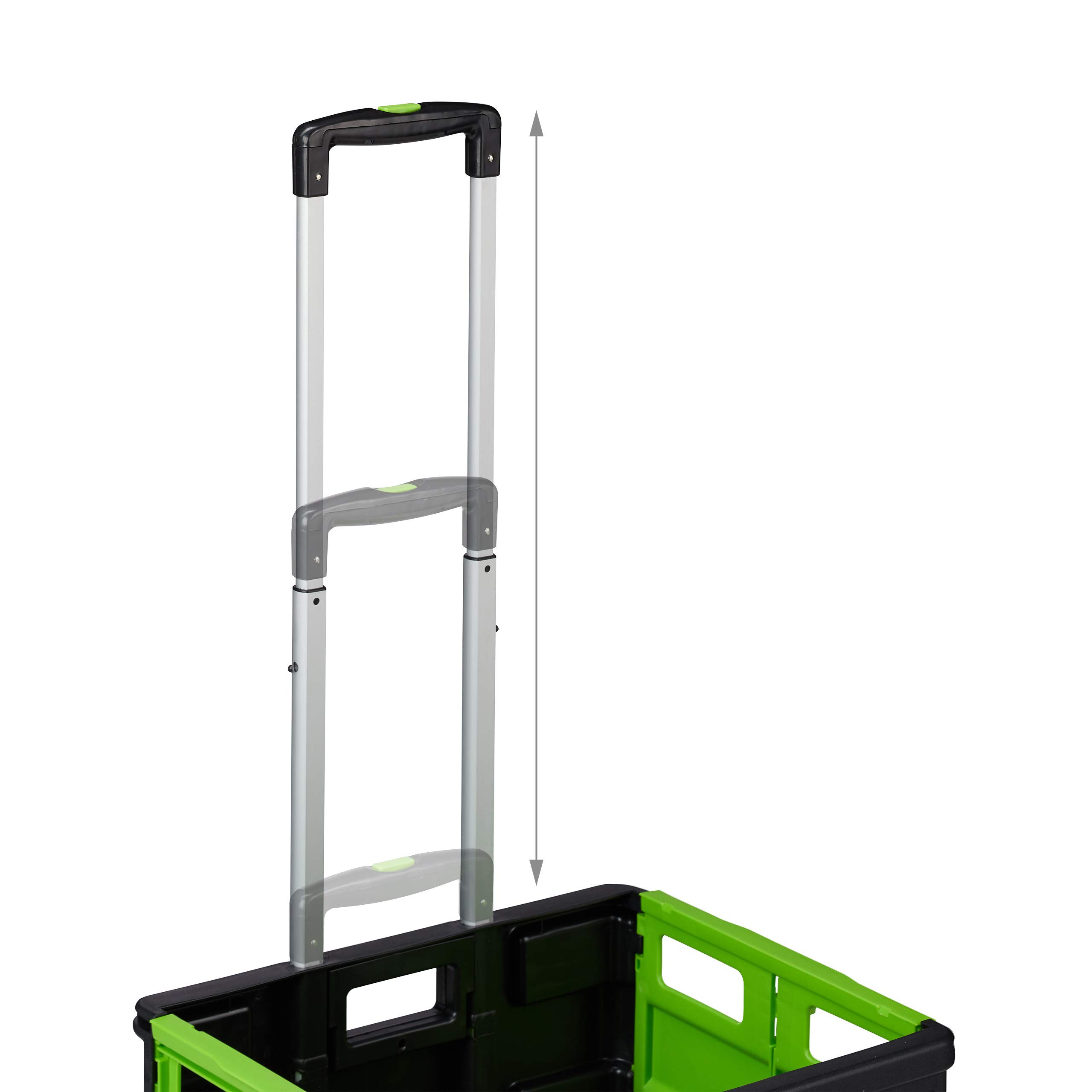 Relaxdays Carro de la Compra Plegable, para hasta 35 kg, Caja de 50 litros, Asa Telescópica, Carrito de Transporte, 2 Ruedas, Verde y Negro