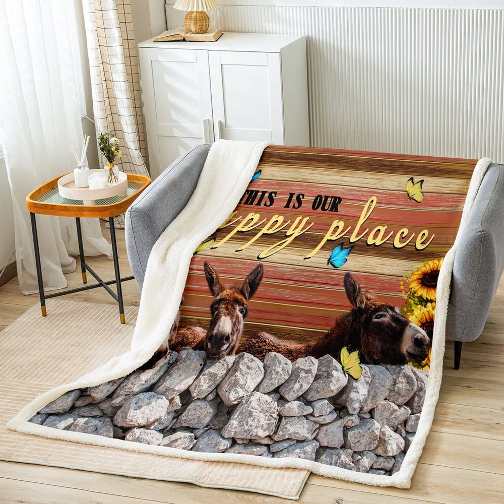 Homemissing Funny Donkey for Sofa Bed Farmhouse Throw Blanket Full Boys Girls Yellow Floral Butterfly Sherpa Blanket Farm Animal Donkey Wooden Board,Queen 90x90 Inch