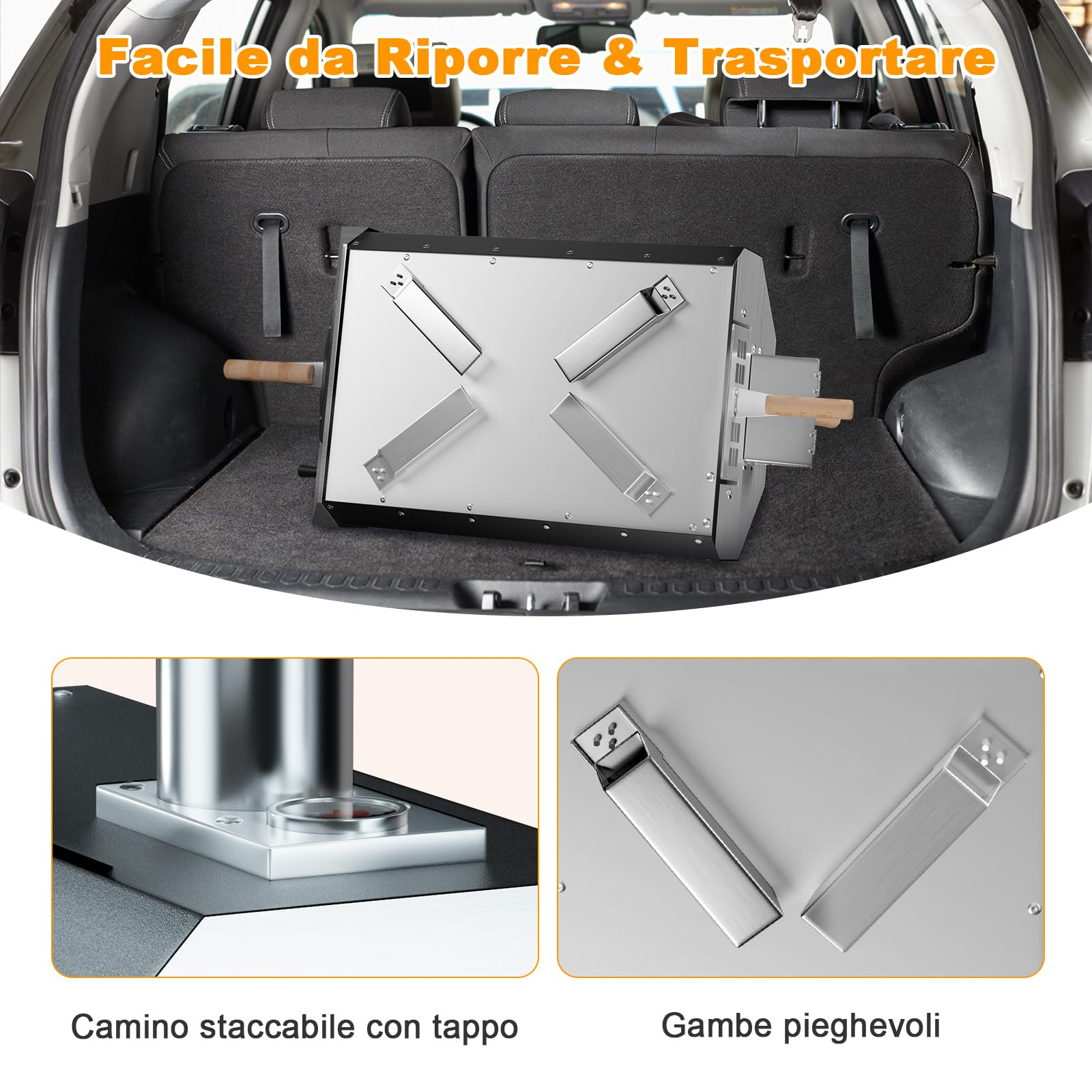 GYMAX Forno a Legna per Pizza, Griglia in Acciaio Inox a 3 Strati con Termometro, Pala per Pizza, Pietra per Pizza, Gambe Pieghevoli, per Esterno Cortile, Veranda, 51 x 38,5 x 83 cm