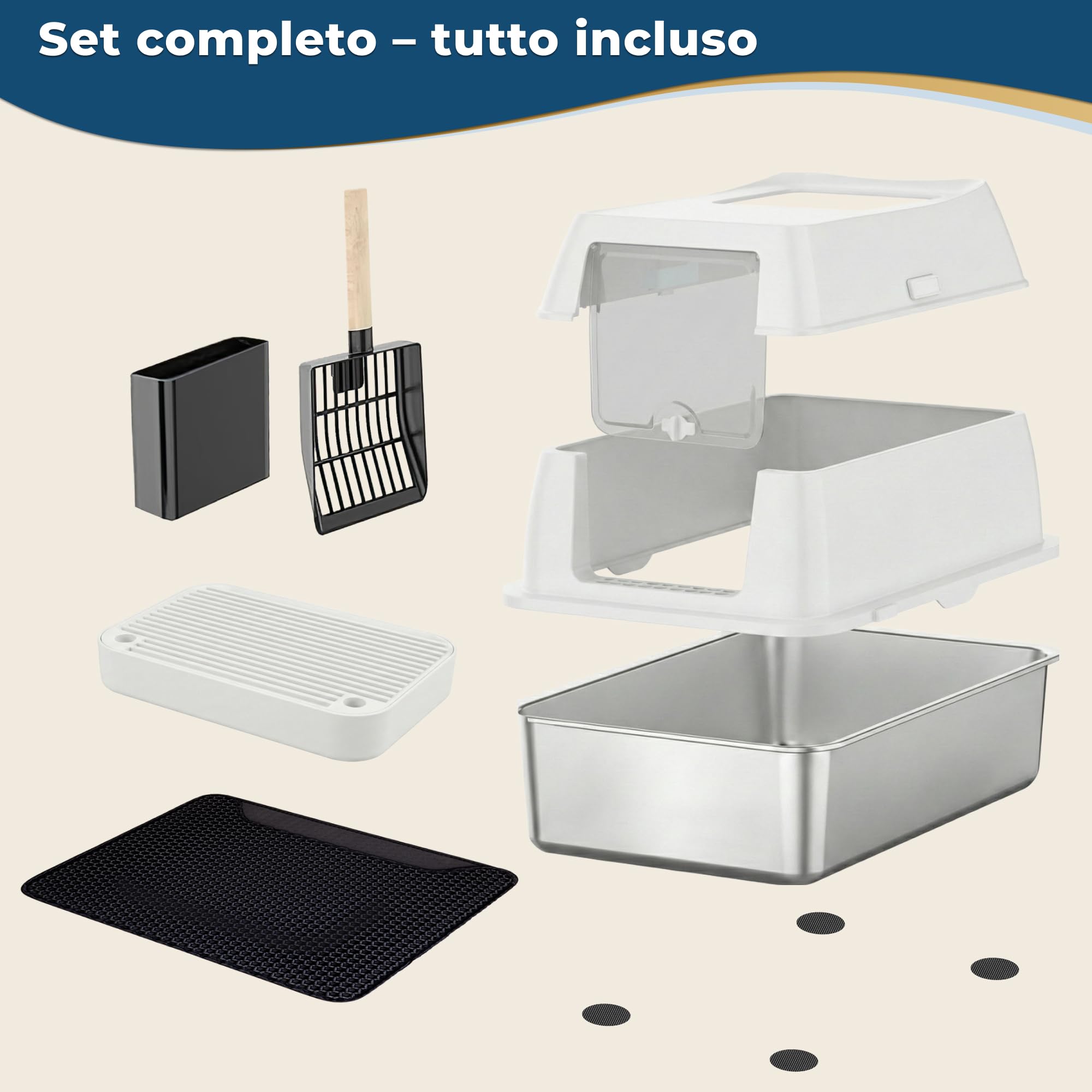 Lettiera per gatti XXL in acciaio inox con coperchio – Toilette chiusa a doppia entrata con gradino, paletta e tappetino – Facile da pulire, anti-odore, per gatti grandi - Beige