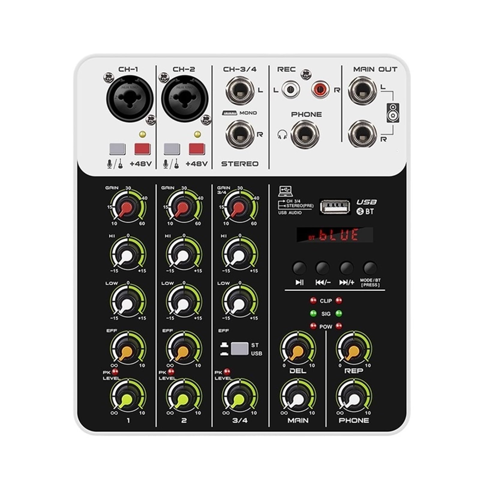 Mikser Audio V4 Kontrolera DJ, 5.0 Bluetooth 48 V Zasilanie Phantom, Niski Poziom Hałasu Dolnego Do Nagrywania Na Konsoli Miksującej Komputerze(V4-white)