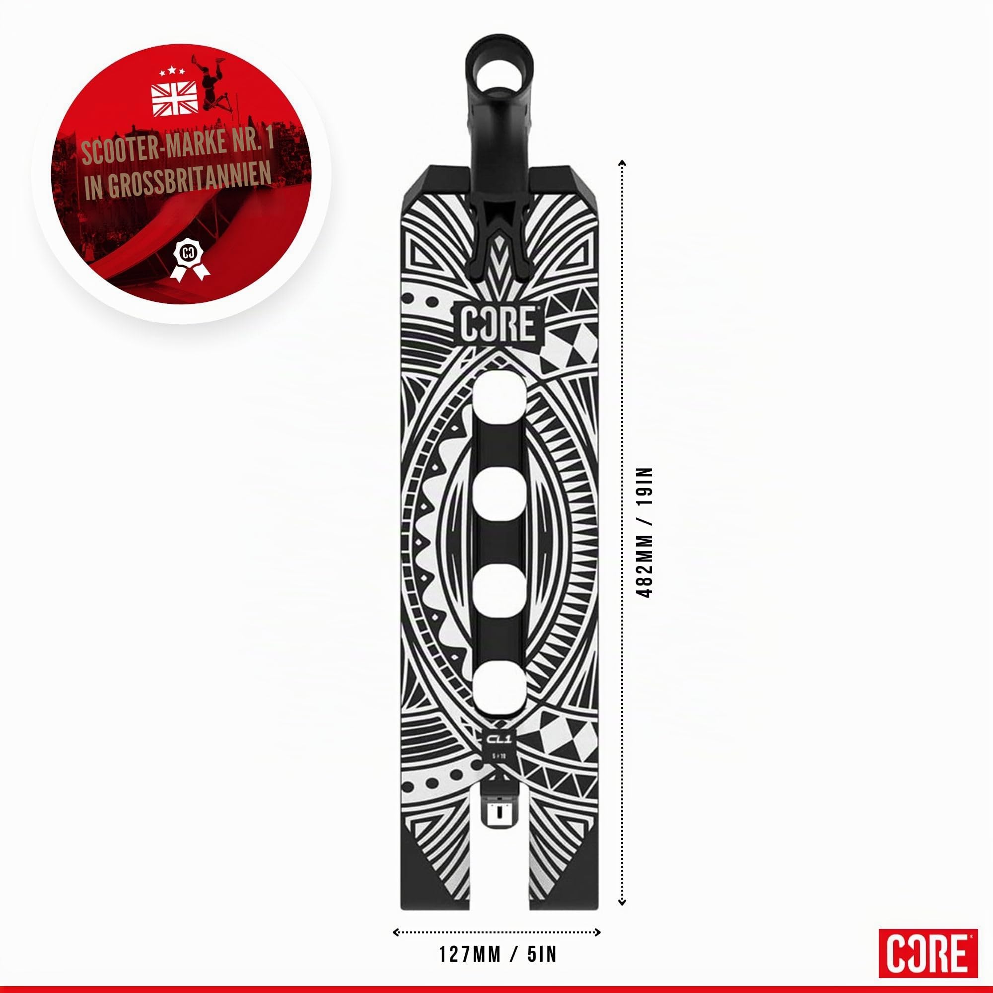 Core CL1 Stunt Scooter Deck 5 x 19 – Pro leichtes Deck für Stunt-Scooter & Custom Scooter, Griptape enthalten, perfekt für Skatepark-Fahren – Schwarz