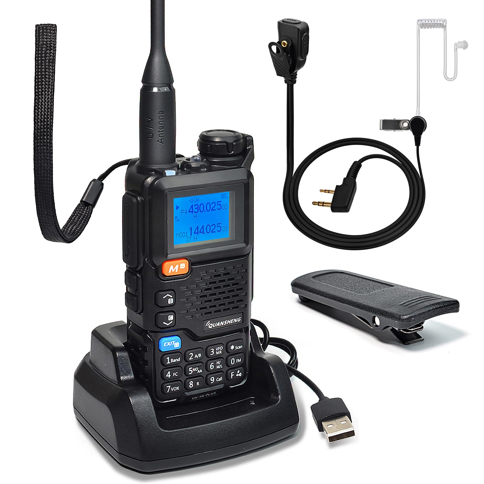 Quansheng UV5R Plus VHF UHF Portable Walkie Talkie | FM NOAA Radio bidirectionnelle pour Studio/extérieur/Voiture (avec tube transparent oreillett)