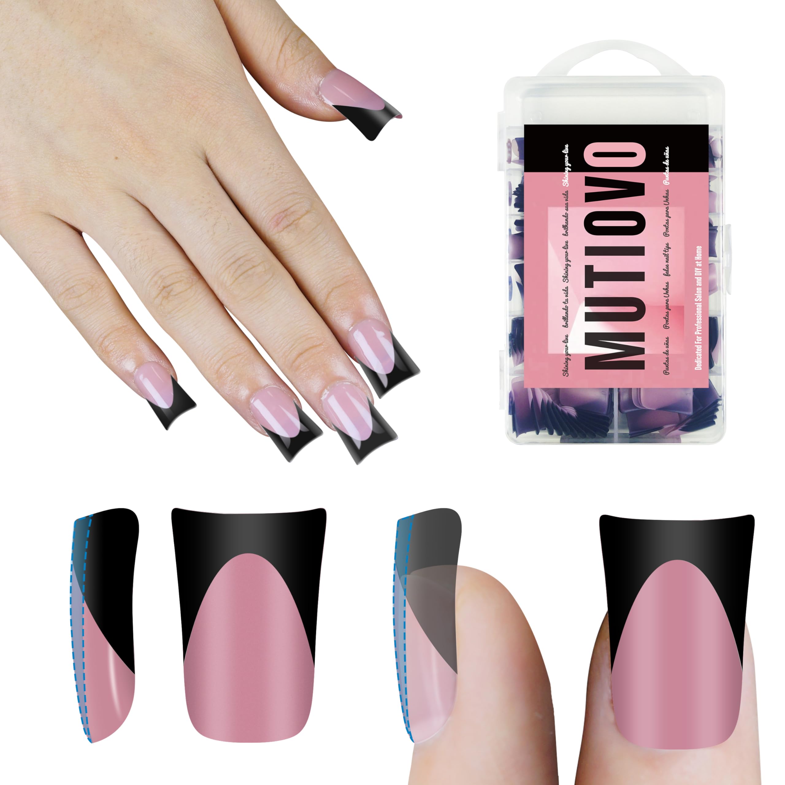 Black French Tip Short Duck Nail Tips Press on, BERRY PINK Extra Thick Pre-designed Soft Gel Nail Extension, Need Builder gel & Top, Coat Full Cover False Nails for DIY x 12 Sizes 240 pcs
