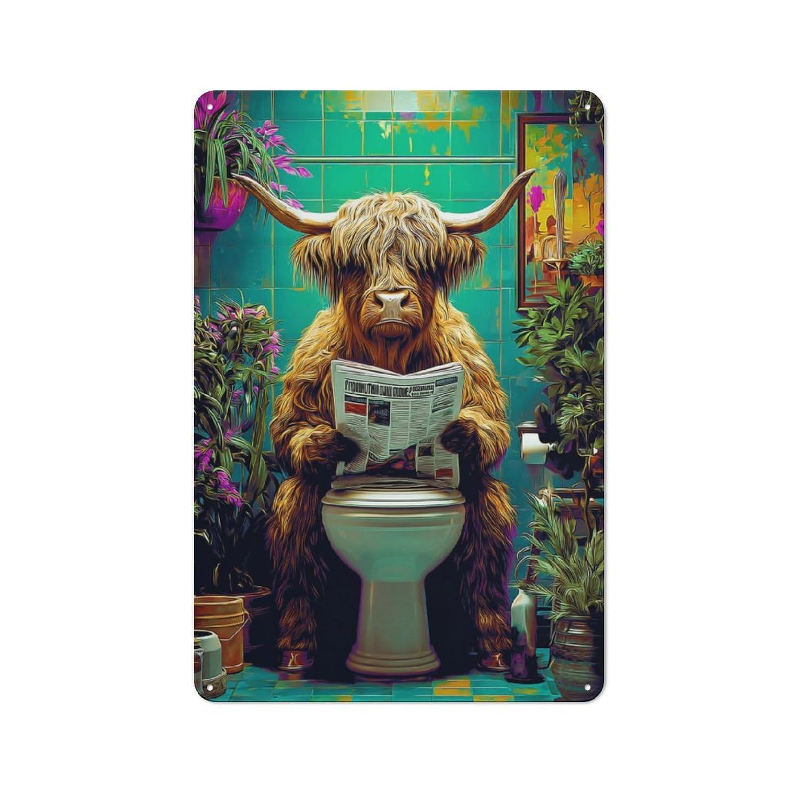 Junmoney Highland Cow Reading Newspaper On Toilet -3 Metal Plaque With Design 30X20cm, Cosy Diner Style Decor For Coffee Bar, Kitchen, Bistro Or Tea Corner