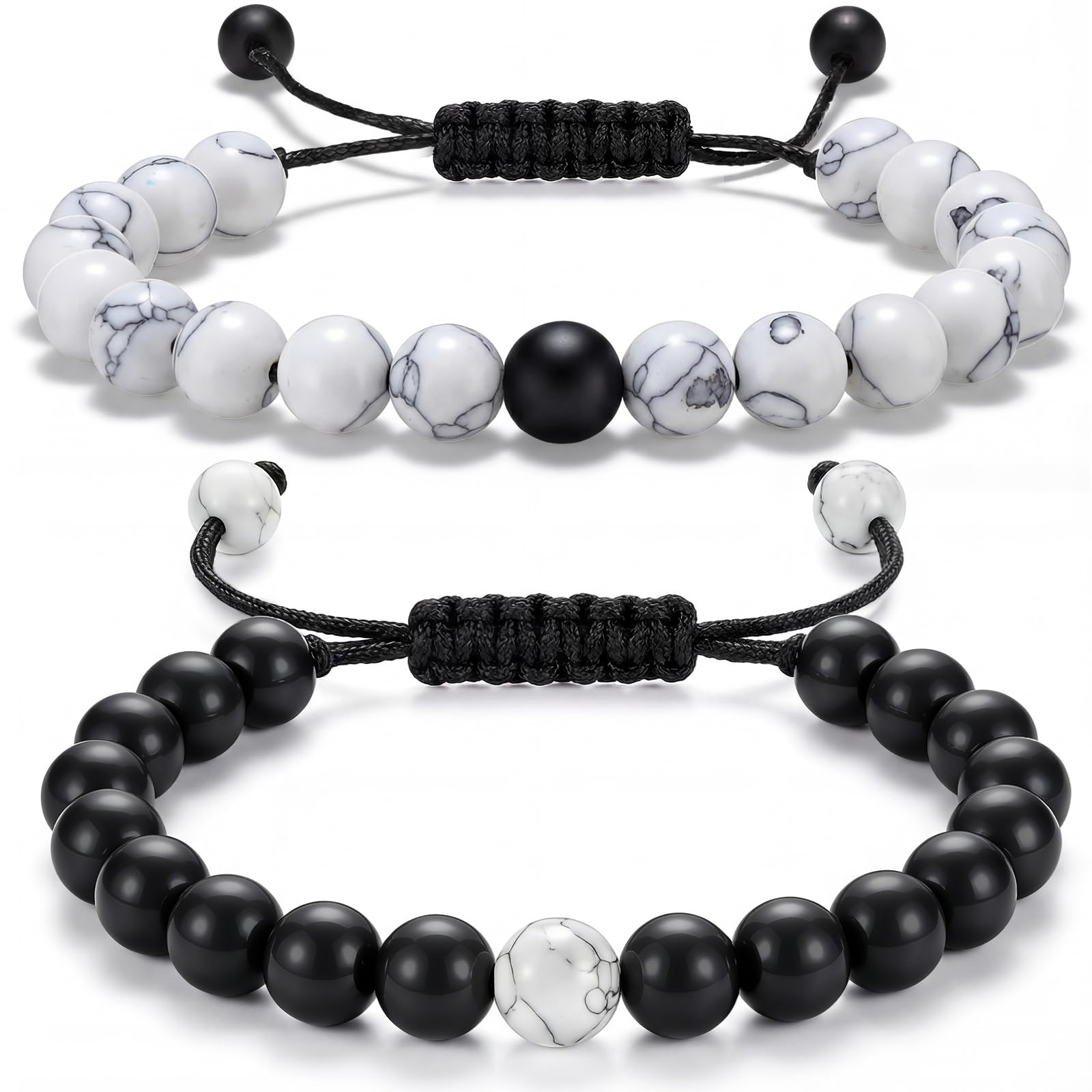 Couples Bracelets Long Distance Matching Bracelets 8mm Howlite Beads Black Matte Agate for Couples His and Her Gifts