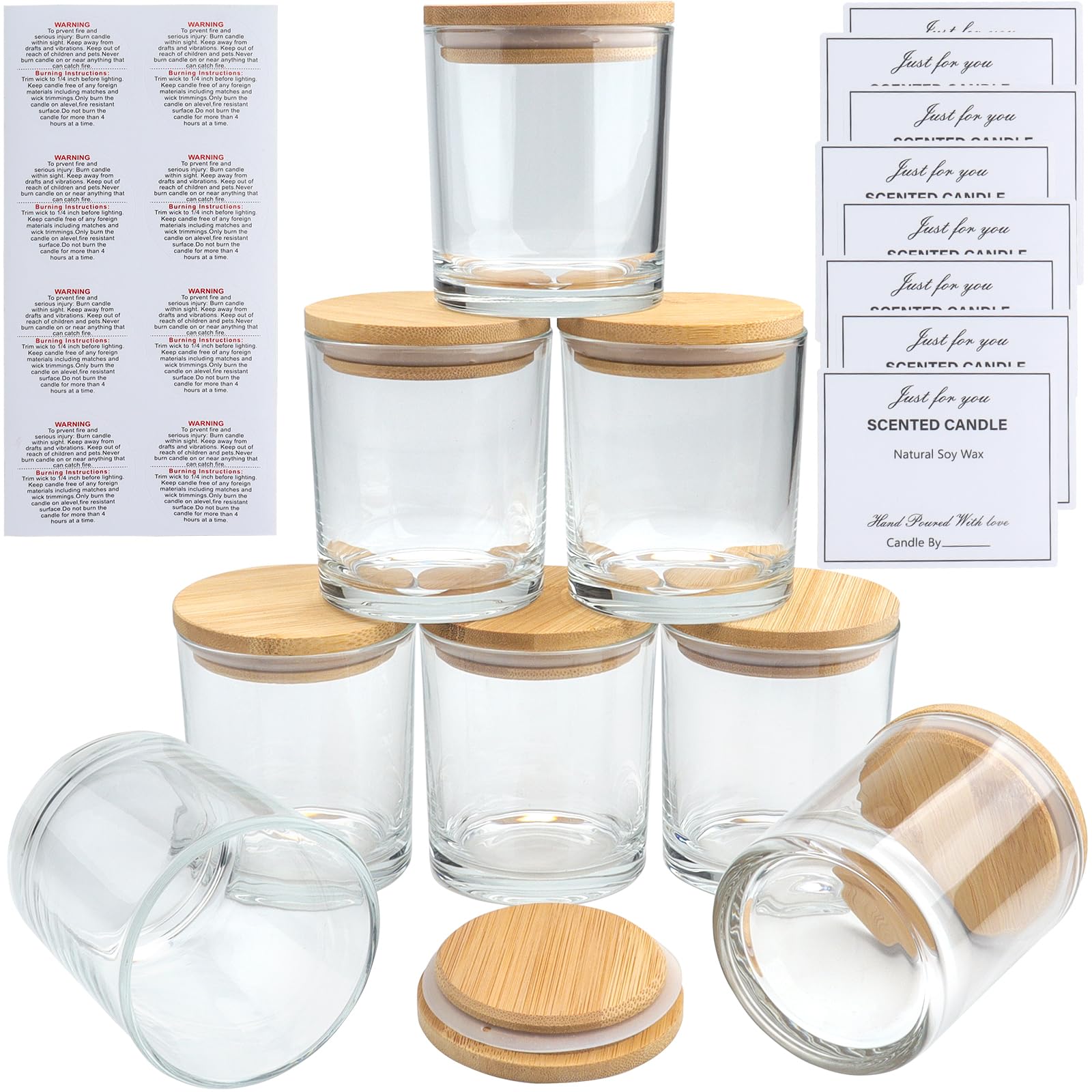 LHNNDM 8 Pace 10 oz Frosted Glass Candle Jars with Bamboo Lids- Bulk Empty Jars （315ml ）for Making Candles - Spice, Powder Containers - Dishwasher Safe (Clear Candle Glass Cup)