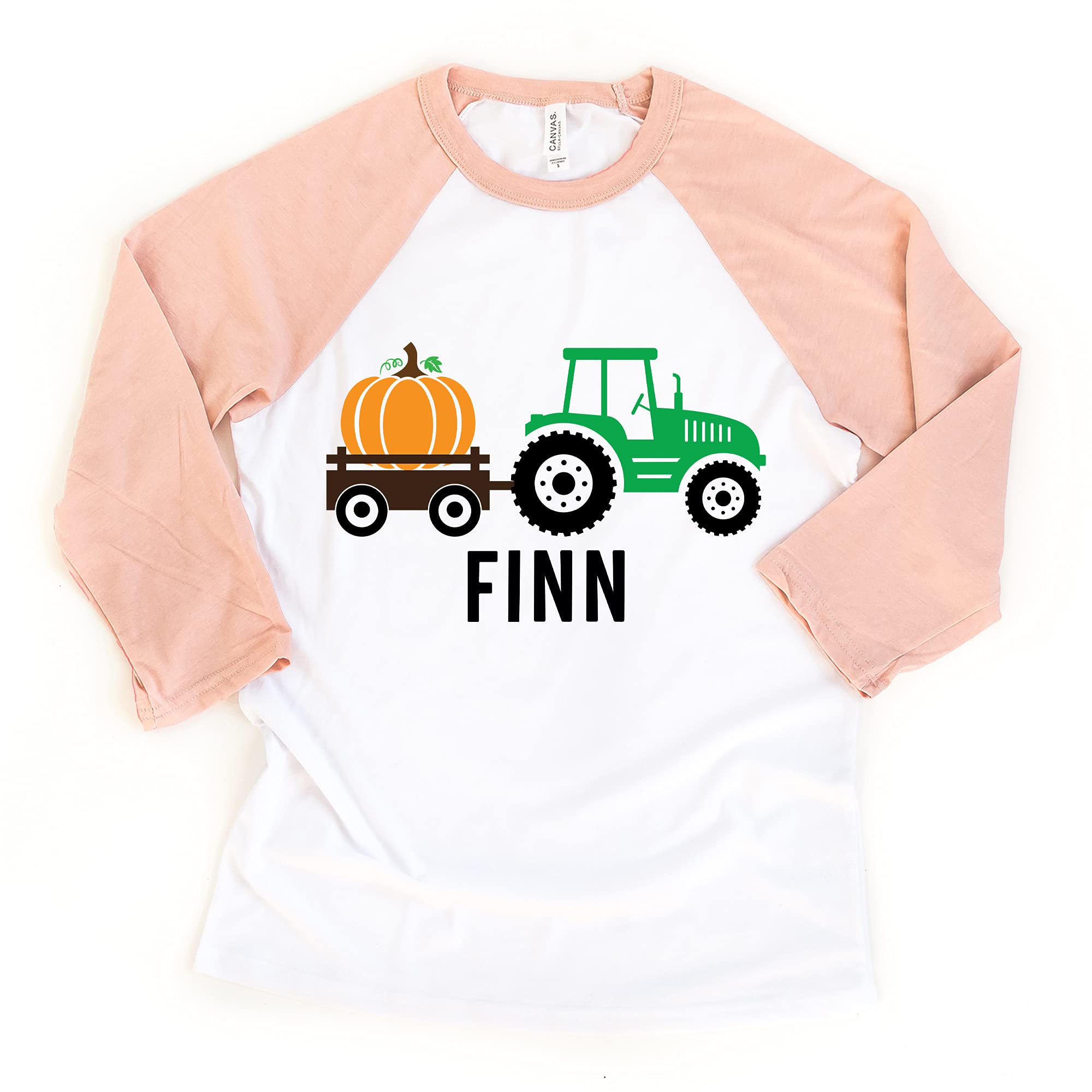 Little Spunkies Personalized Fall Green Tractor Toddler Youth Thanksgiving Shirts and Raglans (Custom) (3/4 Sleeve Peach Raglan, 5-6 Years)