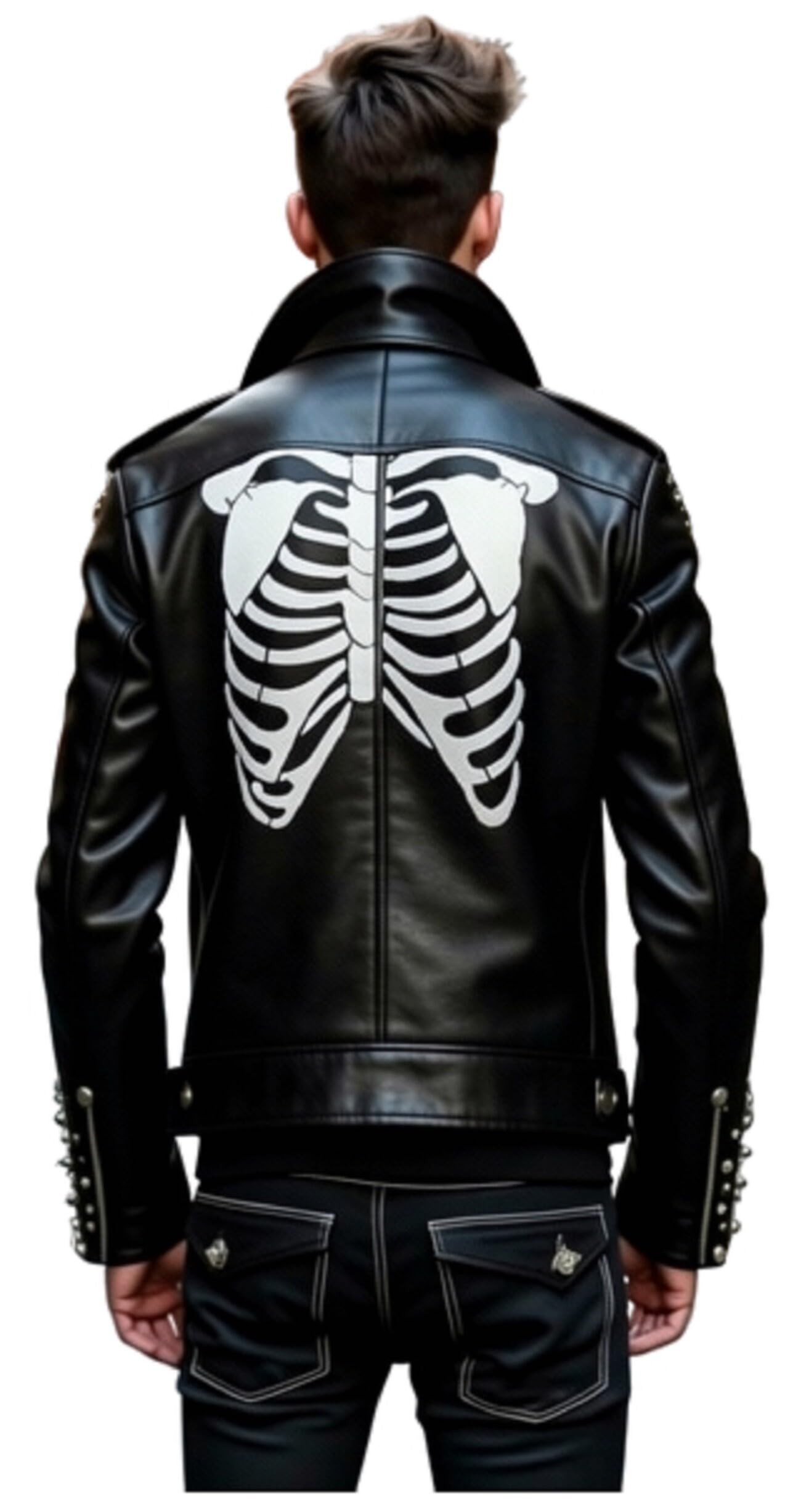 Giacca da motociclista da uomo, in pelle di alta qualità, con borchie, stile punk rock, stampa scheletrata,