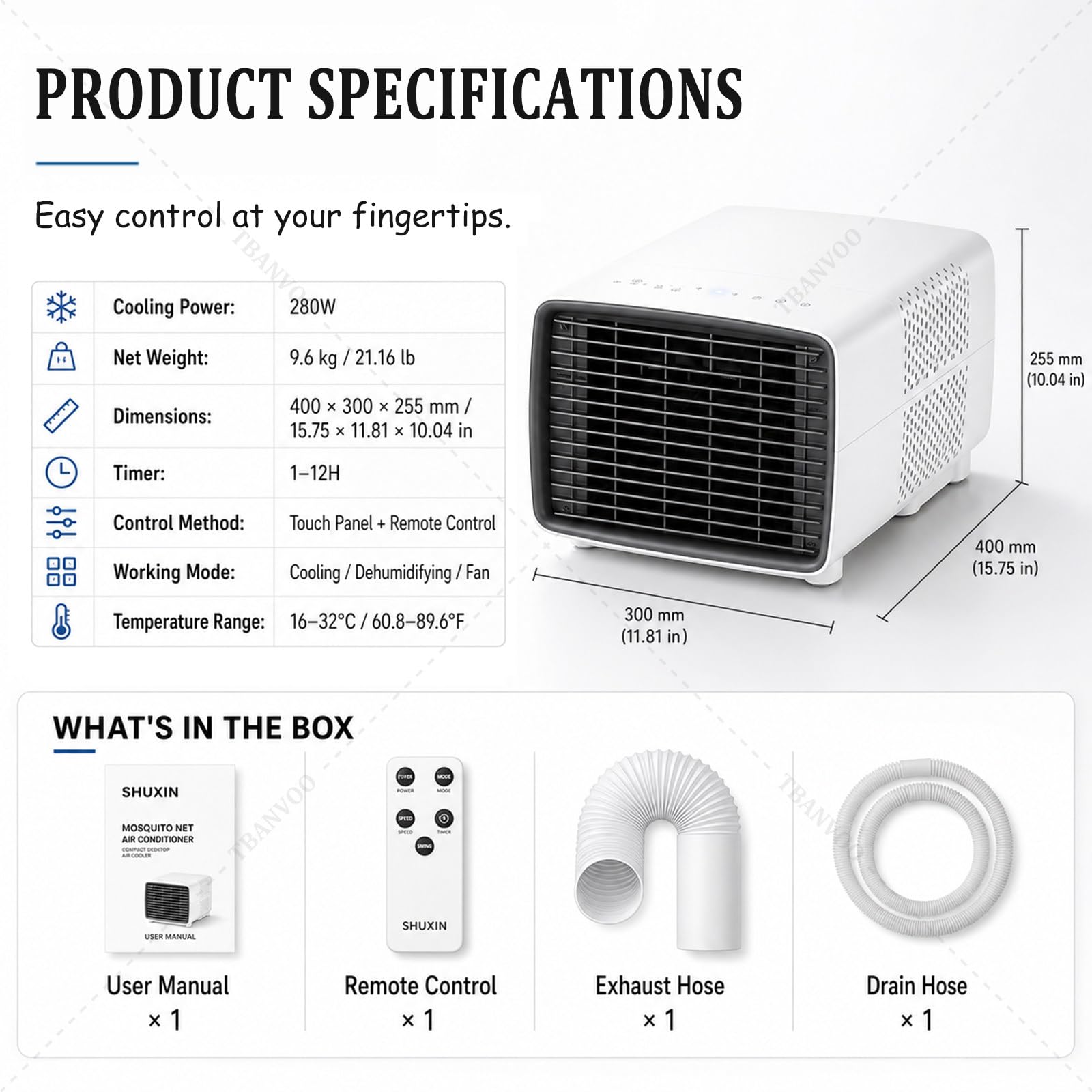 3000BTU Aire Acondicionado Portátil, 280W Bajo Consumo, Enfría, Ventila y Deshumidifica, Pantalla Táctil Inalámbrica, Ultra-Silencioso para Caravana, Camping y Estudio de Cocina