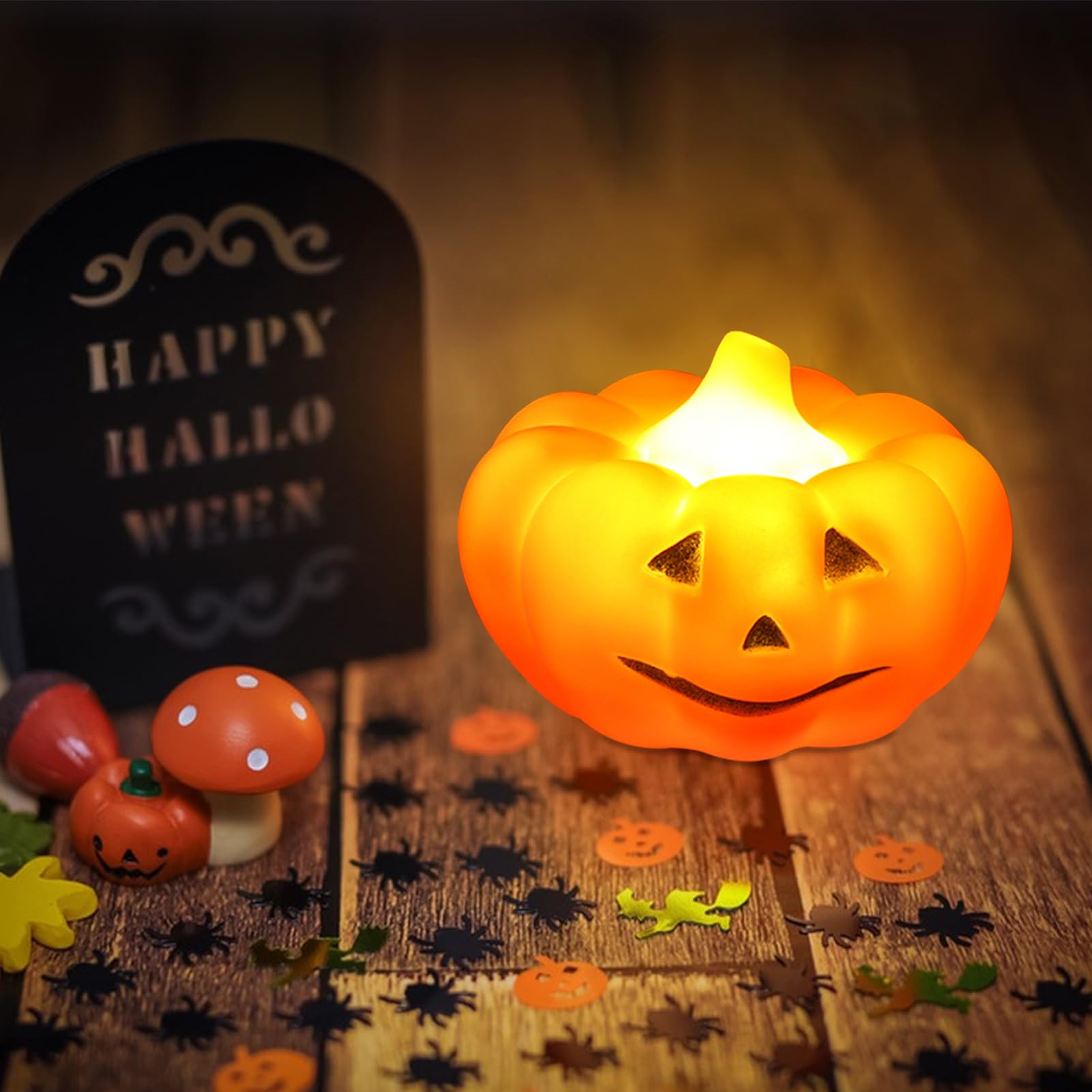Halloween Pumpkin LED Tea Lights, 1 Pack LED Pumpkin Candles, Jack-O'-Lantern Flameless Candle, Pumpkin Tea Lights Candles for Halloween, Lantern Table Decoration, Halloween Decoration (6)