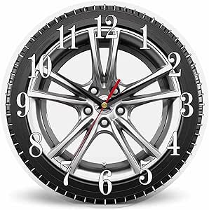 Mxocom Wheel Wall Clock Modern Car Wheel Black Tyre 10 Inch Silent Non Ticking Battery Operated Clock Vintage Round Clock for Living Room Bedroom Bathroom Office Decor