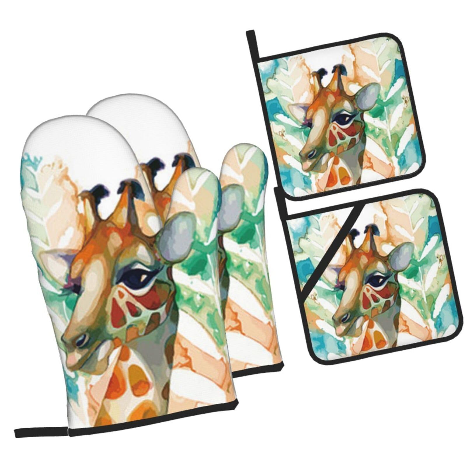 giraffe Printed Oven Mitts and Pot Holders Heat Resistant Set of 4 Pcs, Modern Kitchen Gloves & Potholders for Cooking Baking Grilling