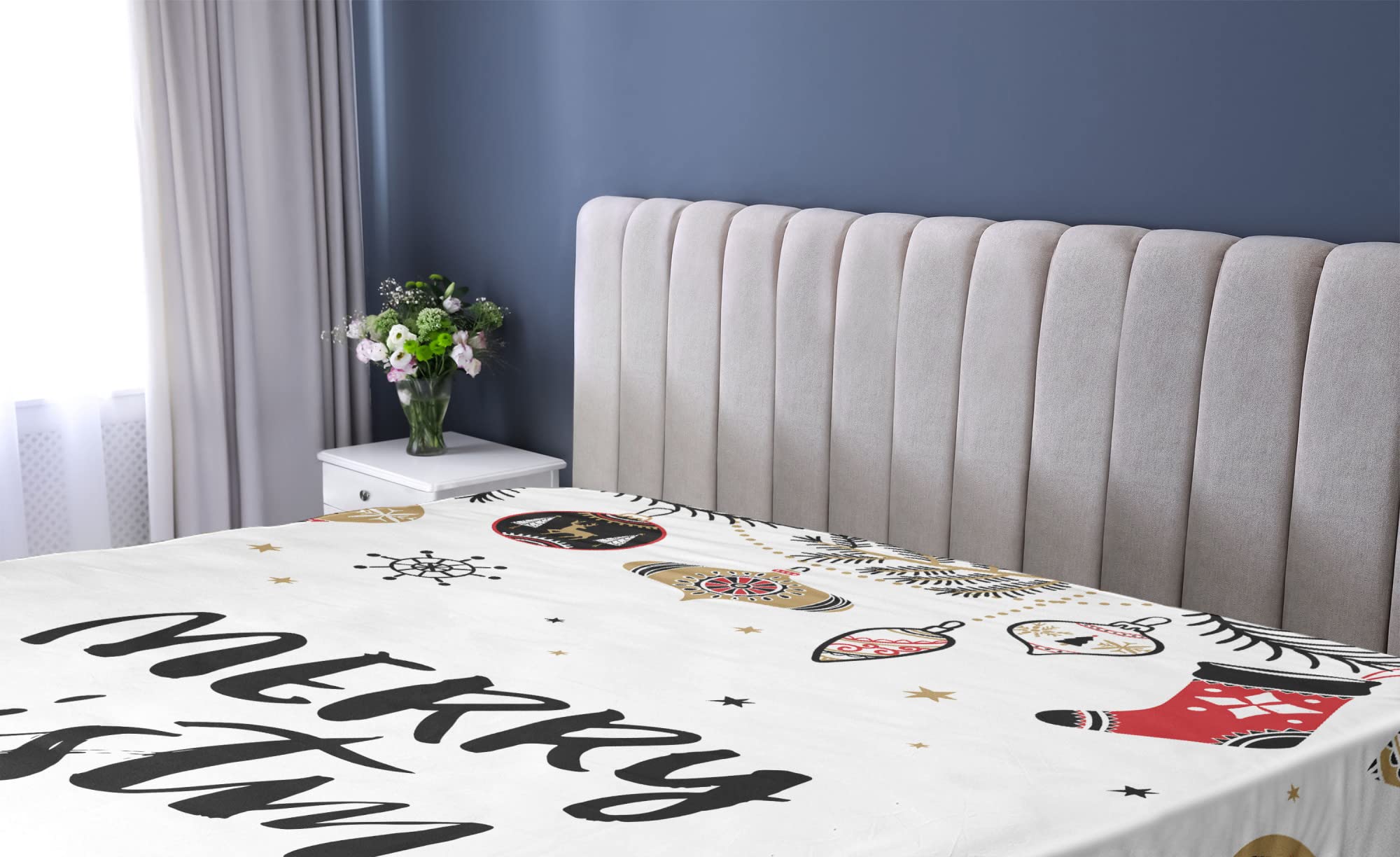 Ambesonne Christmas Fitted Sheet, Merry Xmas Words Modern Brush Lettering Creative Noel Phrase Inspirational Print, Bed Cover with All-Round Elastic Pocket for Comfort, California King, Charcoal Black