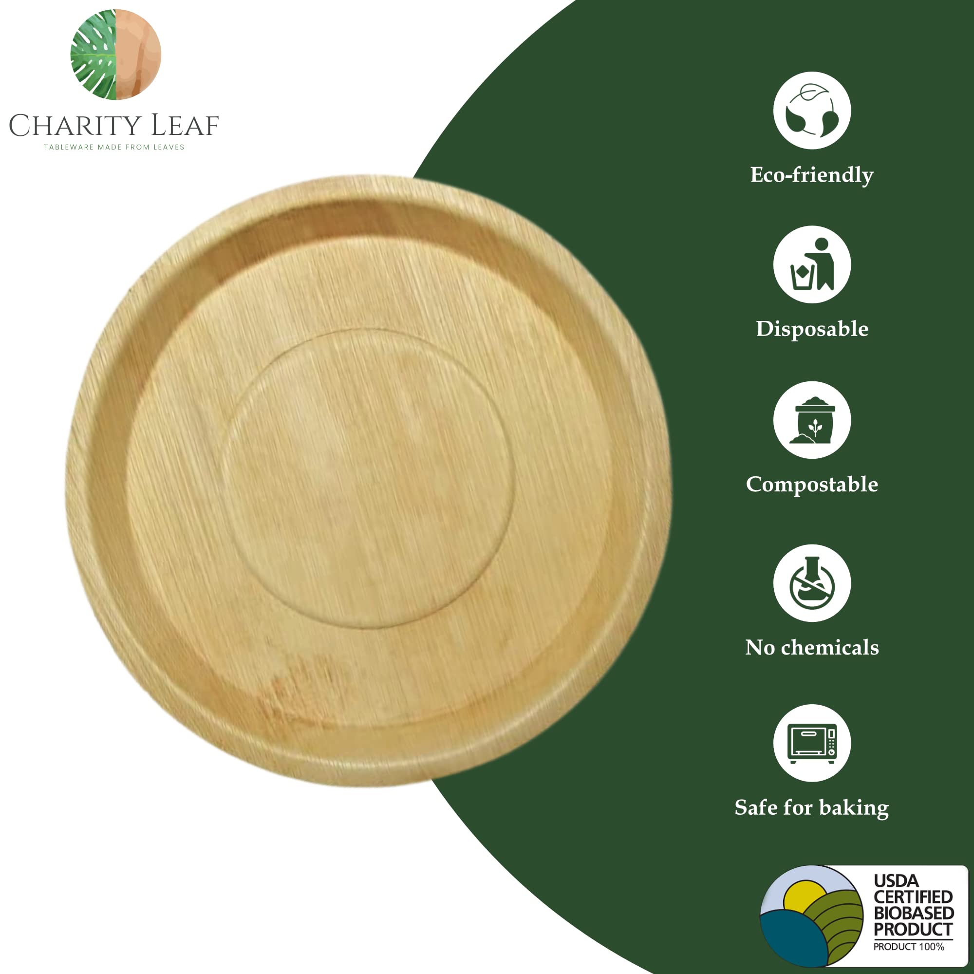 Charity Leaf Jednorazowe okrągłe tace z liści palmowych 35,5 cm (25 sztuk) bambusowe talerze do serwowania, jednorazowe deski, ekologiczna zastawa stołowa na wesela, catering, imprezy