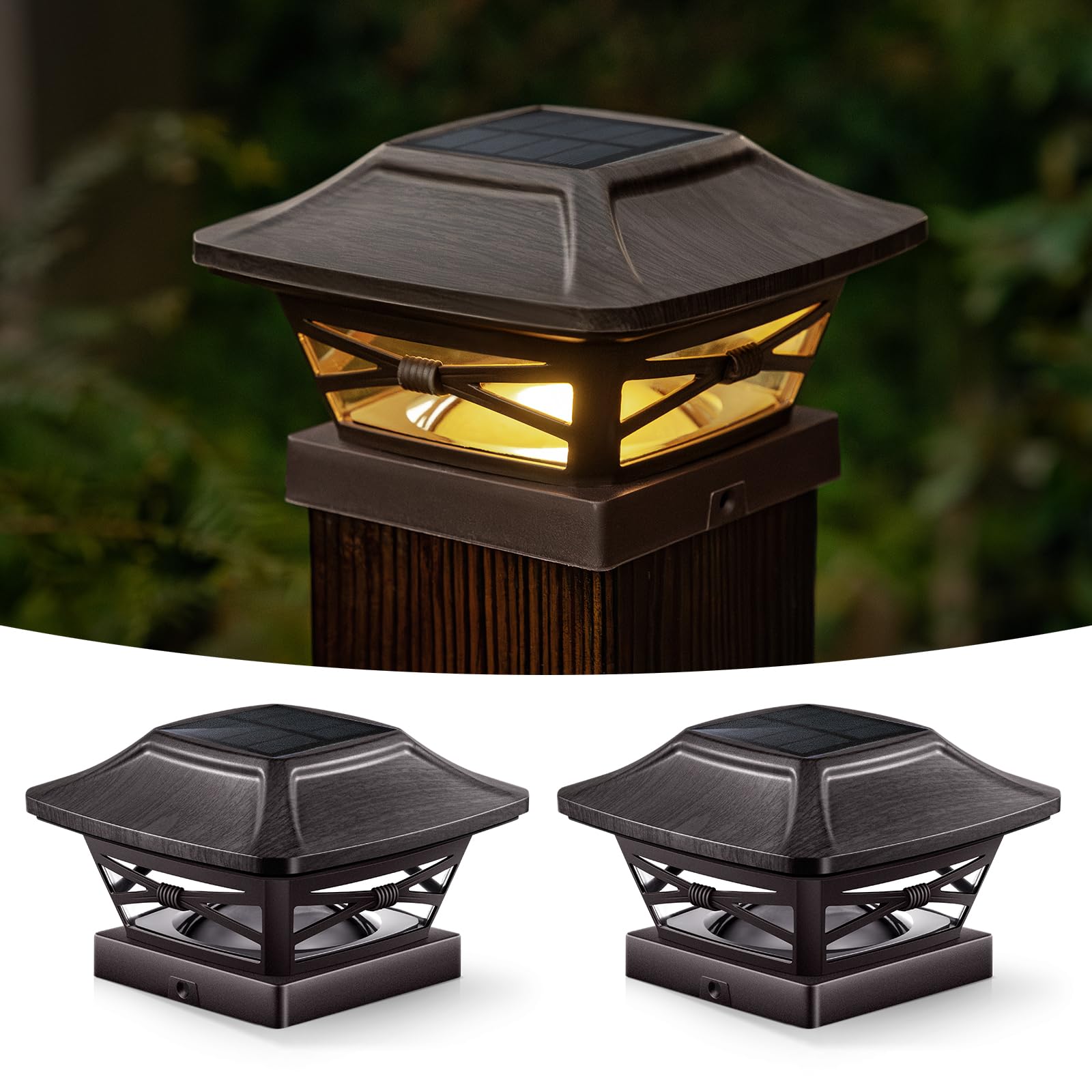 OPOIRA Wood Grain Solar Post Cap Lights, Dual-Core LED Fence Lights with Craftsman Design, 2 Pack Waterproof Outdoor Caps for 4x4 Wooden/Vinyl Post (