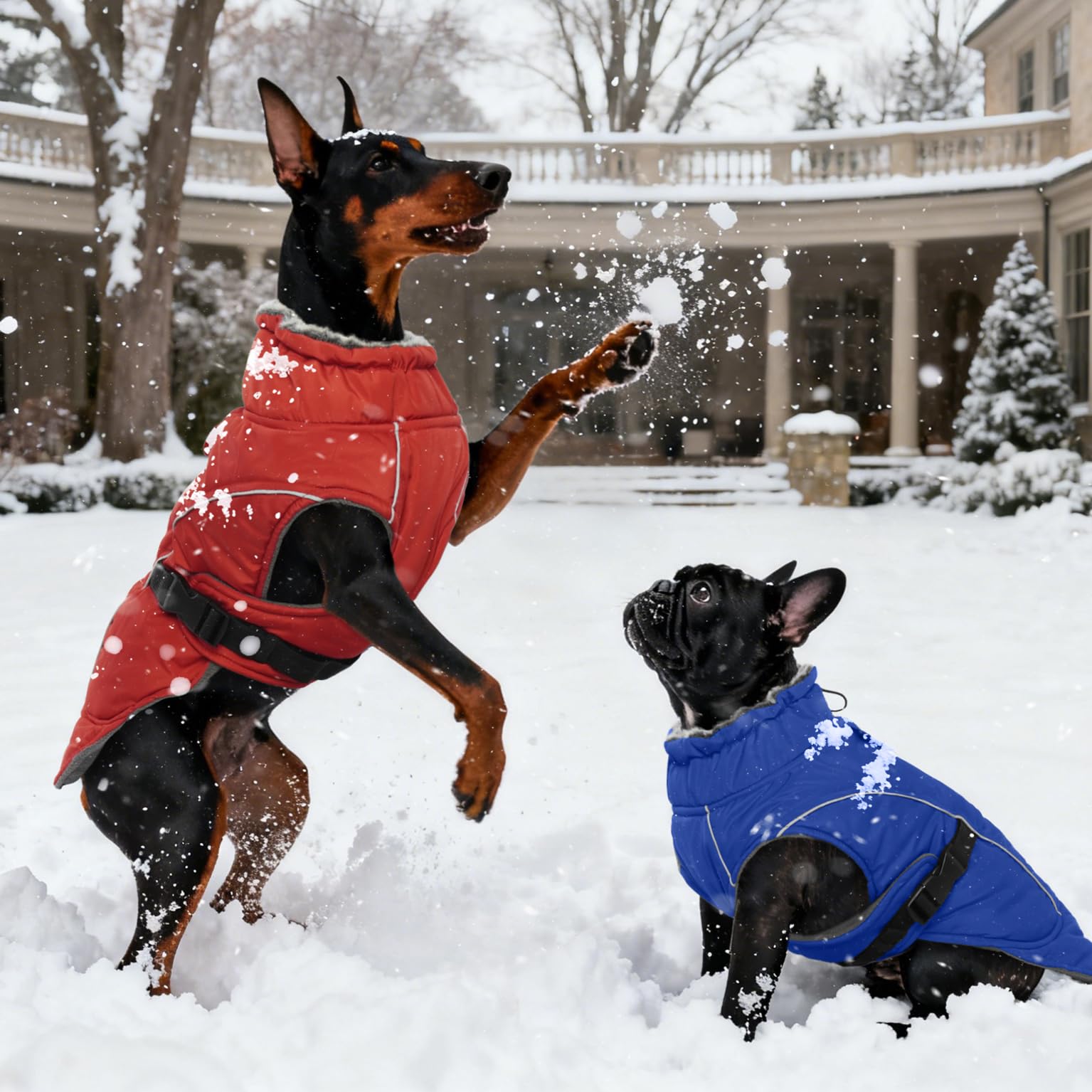 DENTRUN Abrigos para perros para clima frío, abrigo cálido para perro, resistente al viento, chaqueta acogedora para perro, chaleco de forro polar grueso, ropa repelente al agua con arnés y agujero