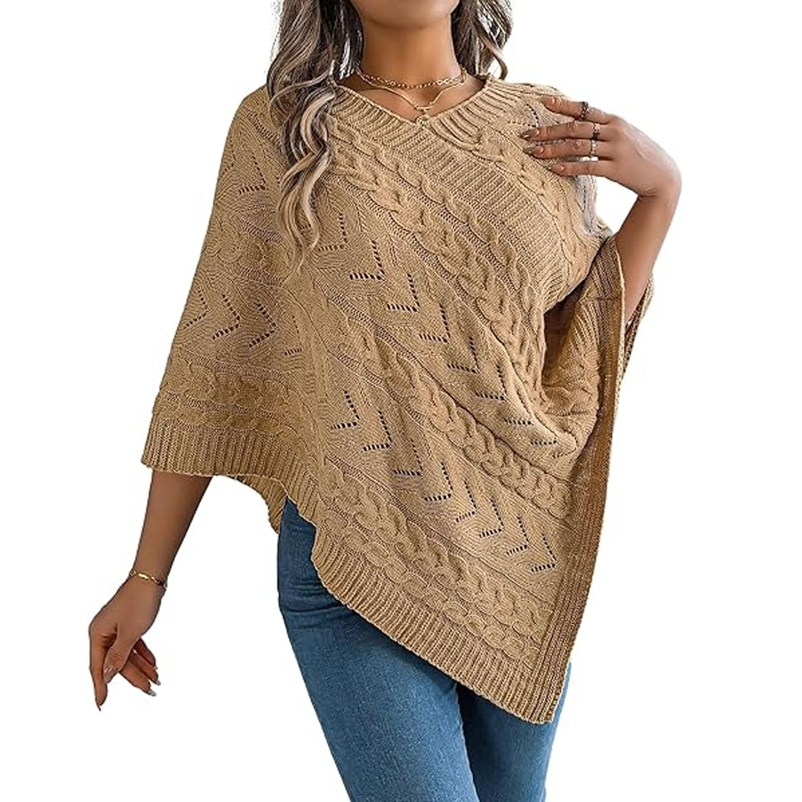 Maglione poncho da donna oversize con scollo a V, stile casual, elegante mantello scialle lavorato a maglia