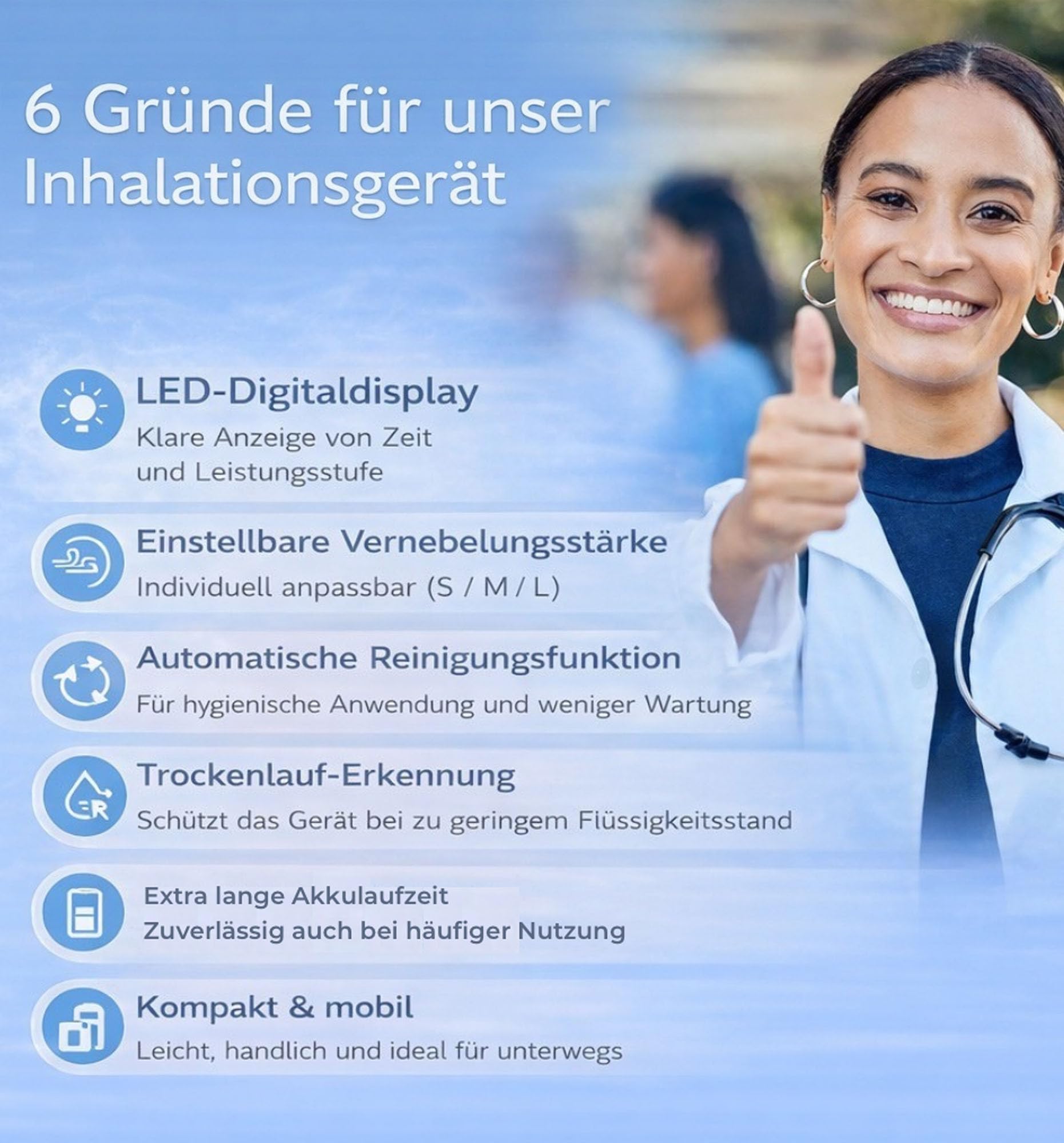 emmi MED - Inhalador para niños y adultos, pantalla LED, incluye 2 máscaras y 1 boquilla, función de limpieza automática, nebulizador, inhalador personalizable e ideal para viajes