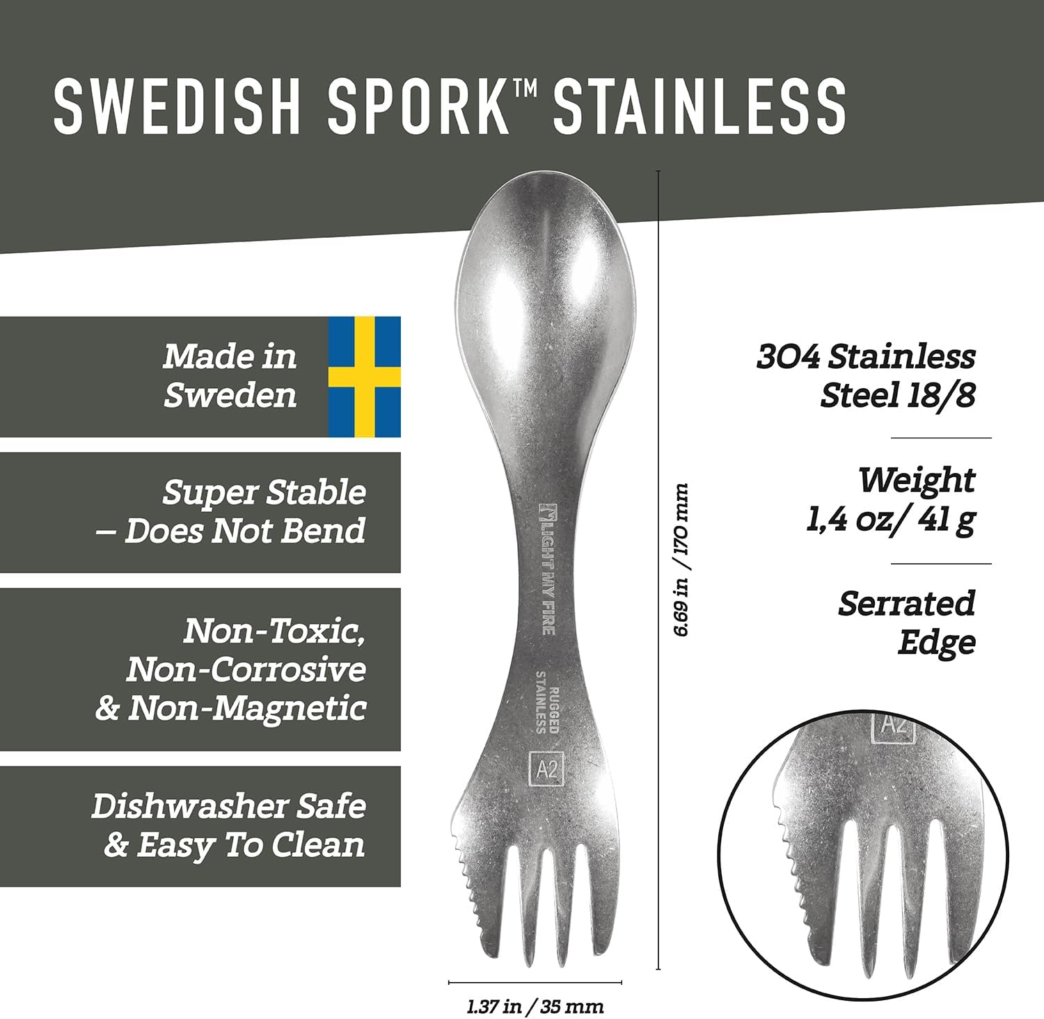 Light My Fire Sporks Stainless Steel (18/8) Camping Spork 2-Pack, Unbreakable Fork Spoon Knife Set - Sporks Reusable Camping Utensils, Durable & Lightweight Metal Spork, Outdoor Hiking Survival Gear