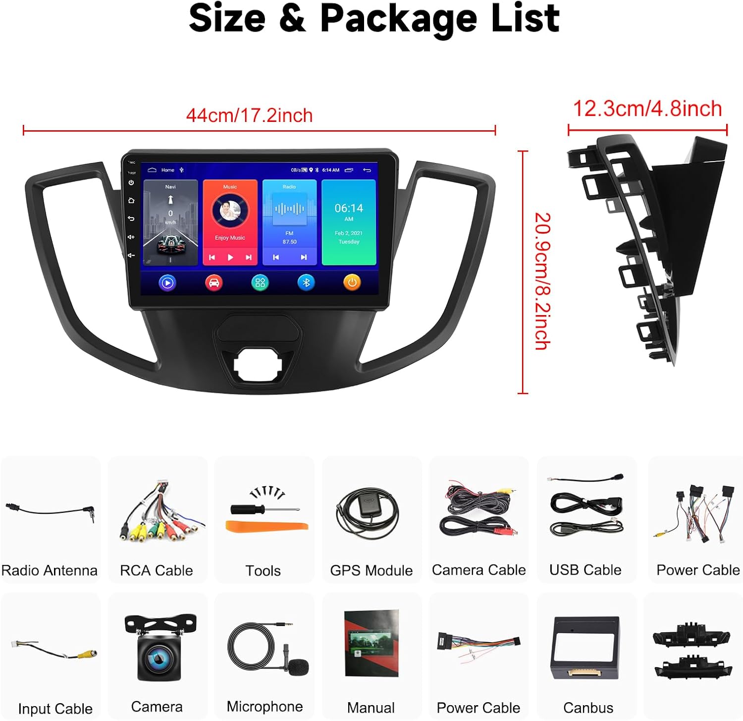 Diagram showing the dimensions of the car stereo and a list of all included accessories
