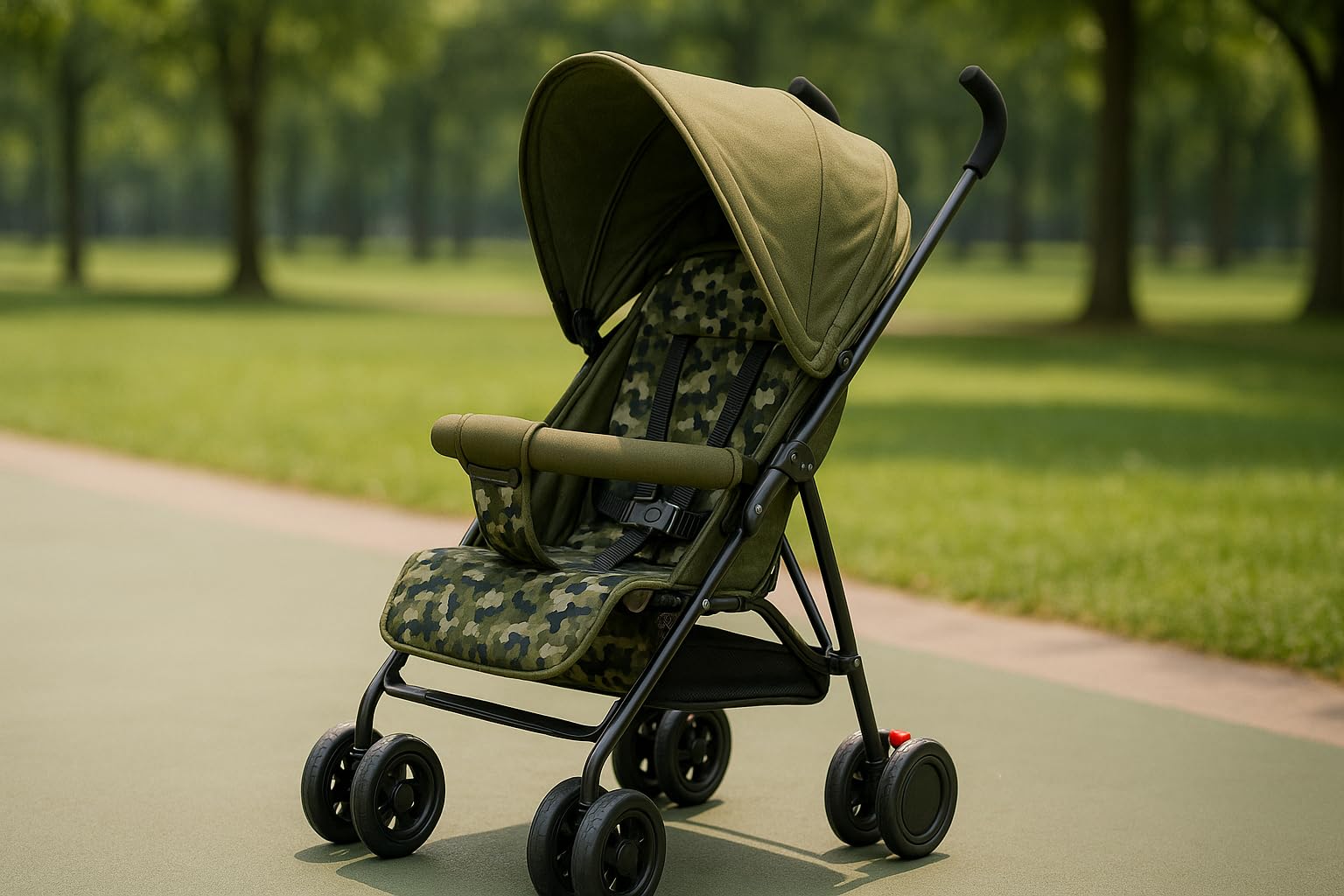 MLU Lightweight Foldable Baby Stroller with Large Canopy, Military Camo Seat, Safety Belt, Foam Handles & Double Wheels | Travel-Friendly Pram for 6–36 Months – Army Green-image-22
