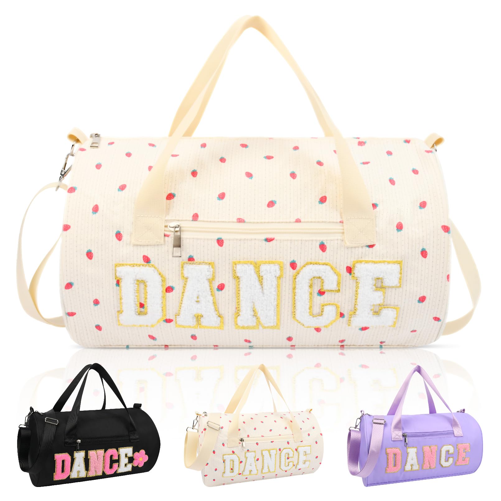 Tanztasche für Mädchen, klein, Turnbeutel für Damen, Seesack, Wochenendtasche, 23 l Kapazität, Workout, Chenille, Brieftasche für Tänzer, Mädchen, Teenager, Studenten und Sportler, Erdbeere