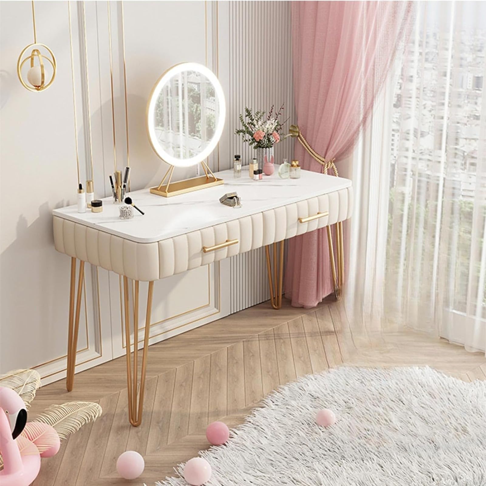 Set da scrivania Vani bianco con specchio e 2 cassetti spaziosi, elegante per camera da letto e ufficio per donne e ragazze, perfetto come regalo di Natale e compleanno