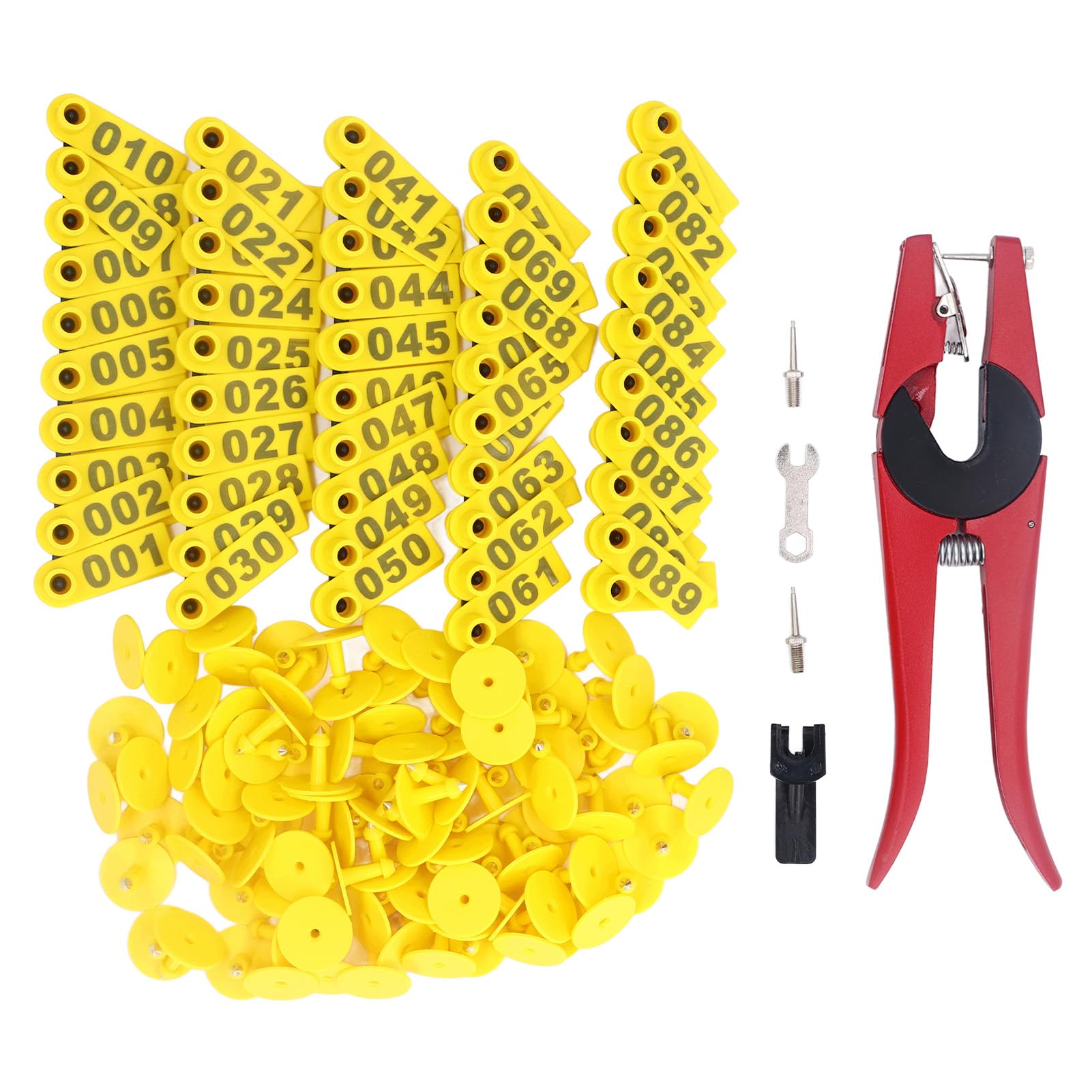 1-100 Marchi auricolari numerati per bestiame Marchio auricolare per animali con applicatore per bovini, cavalli, suini, ovini (Yellow Ear Tag with Red Pliers with 2 Ear Tag)