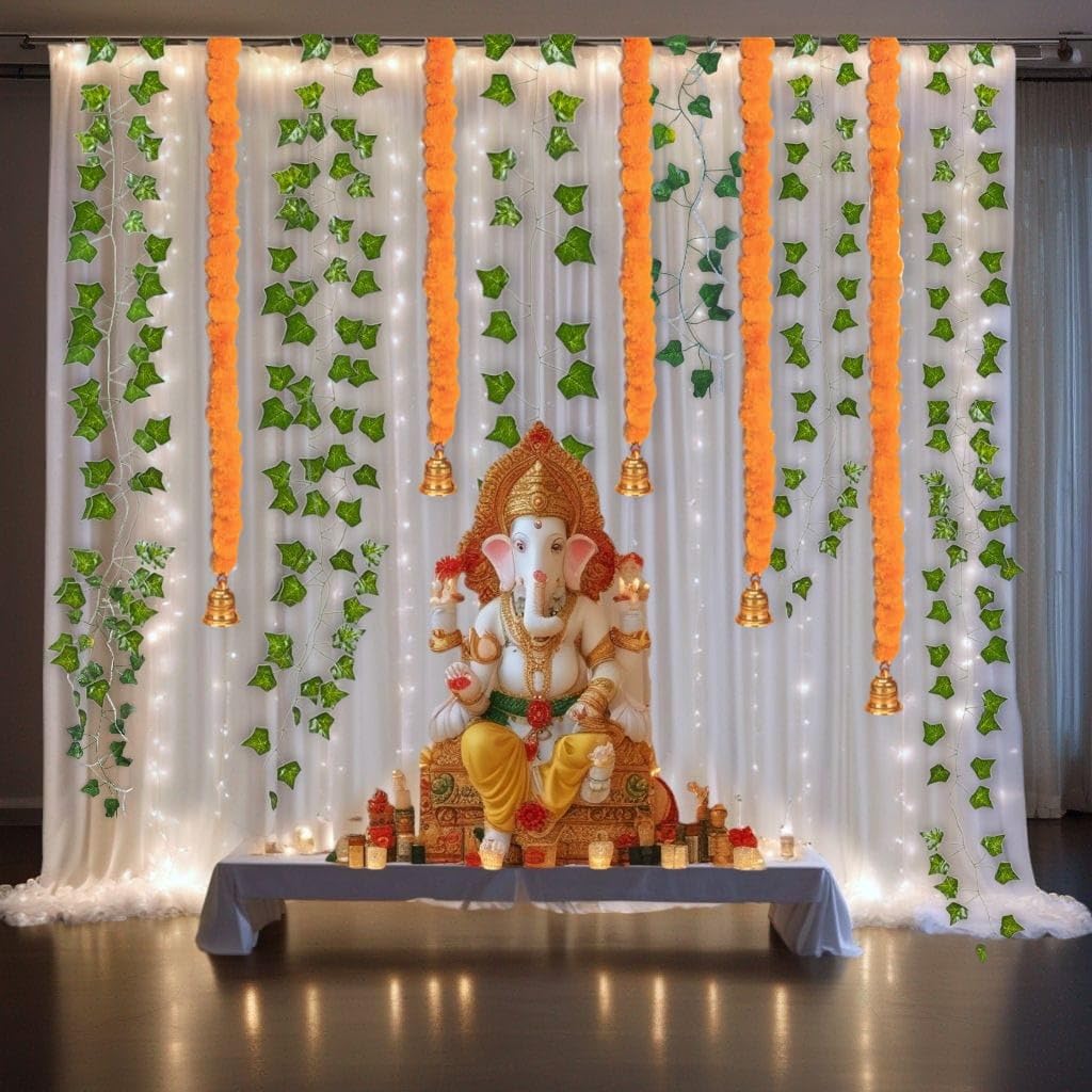 Abhaas 15 Pieces Backdrop Decoration Set with Curtains, LED Lights, Marigold Garlands Toran with Bells for Ganpati Decoration, Diwali, Wedding/Festivals, Pooja Room, Haldi Varalaxmi