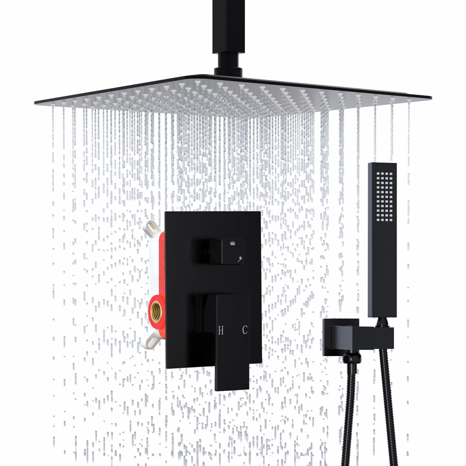 Matte Black Concealed Shower System, 16 Inch Rainfall Shower Head with Handheld Spray, 2 Function Shower Mixer Set with Rough-in Valve, High Pressure Shower Faucet Combo Set