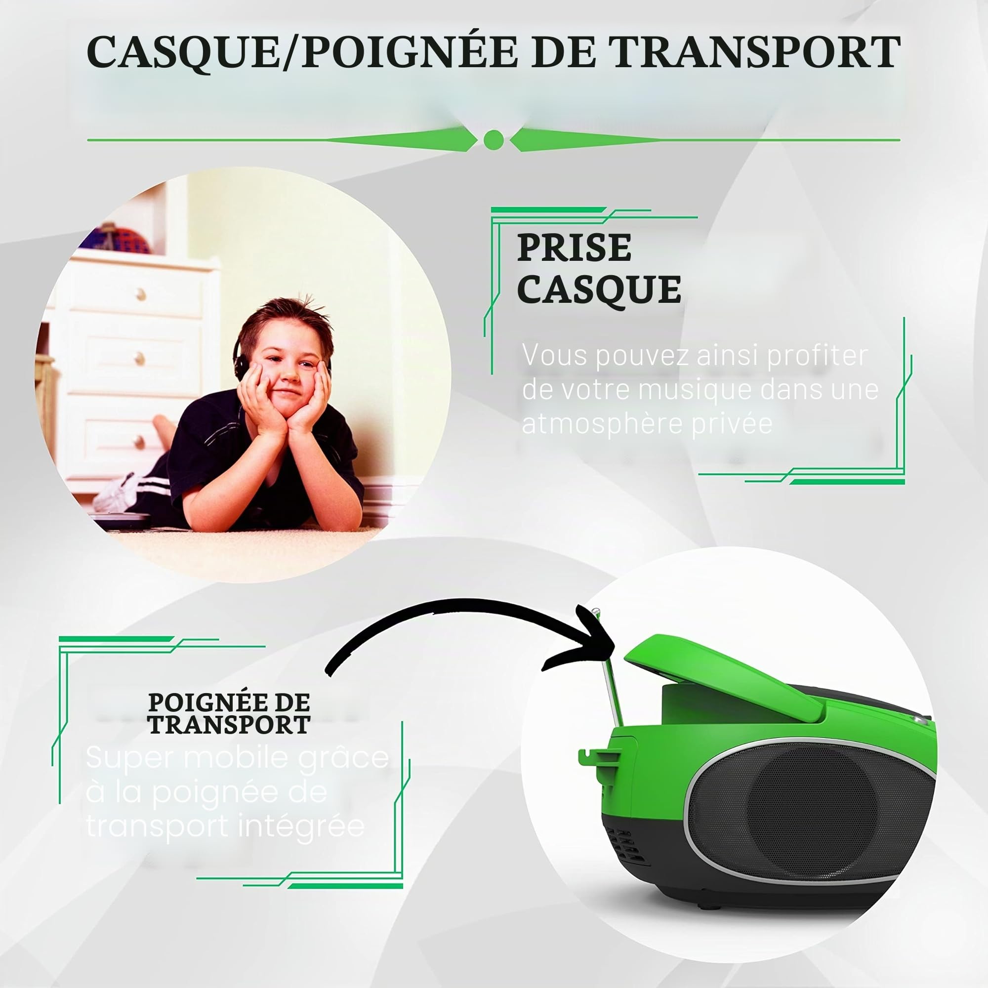 Boombox Portable CD/CD-R USB FM Radio Entrée AUX Casque Lecteur CD Enfant Chaîne Stéréo Système Compact (Golo Green)