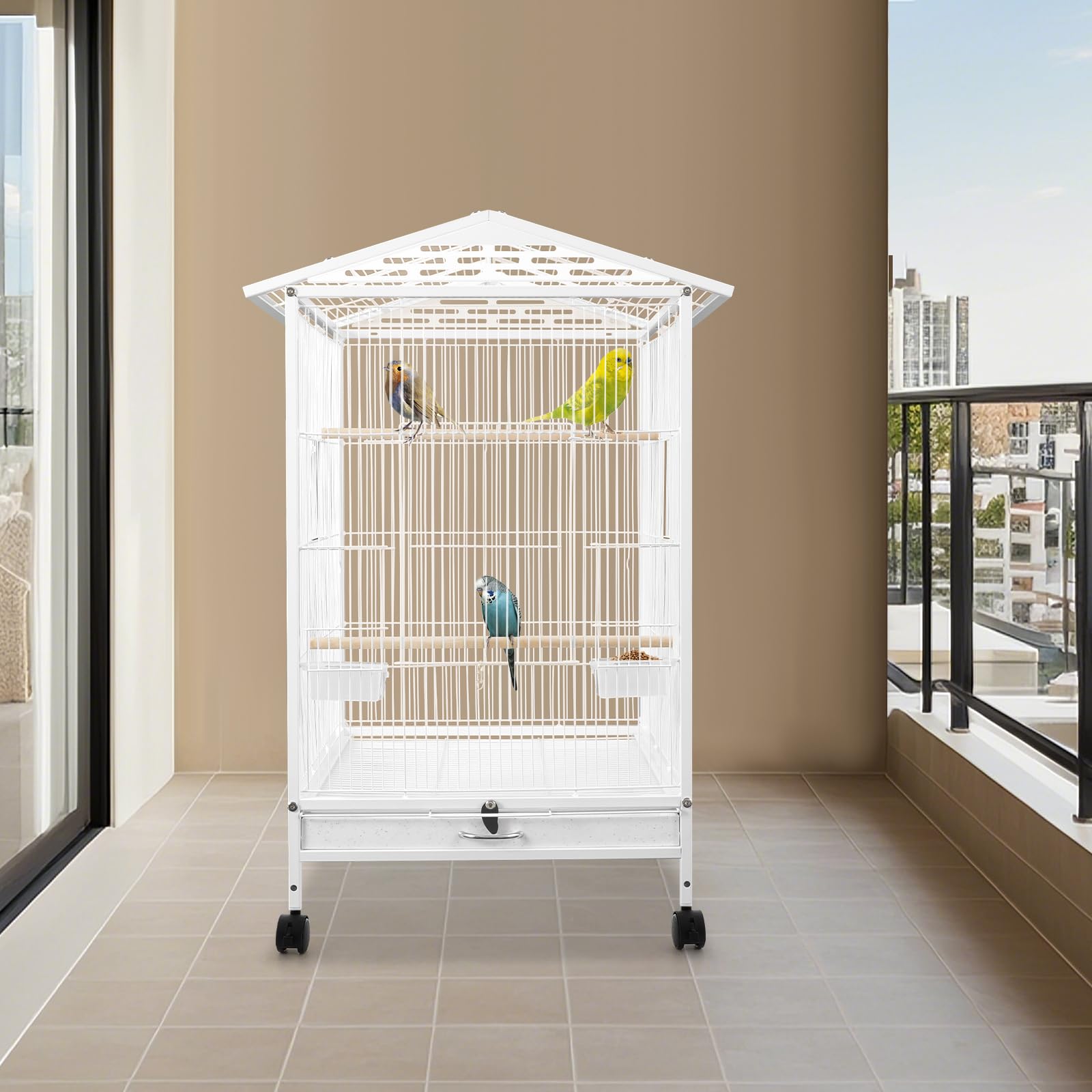 Jaula de metal para pájaros, color blanco, 46 x 46 x 86 cm, con 4 ruedas universales (2 con frenos), techo abierto, bandeja extensible, 3 perchas y comedero/bebedero