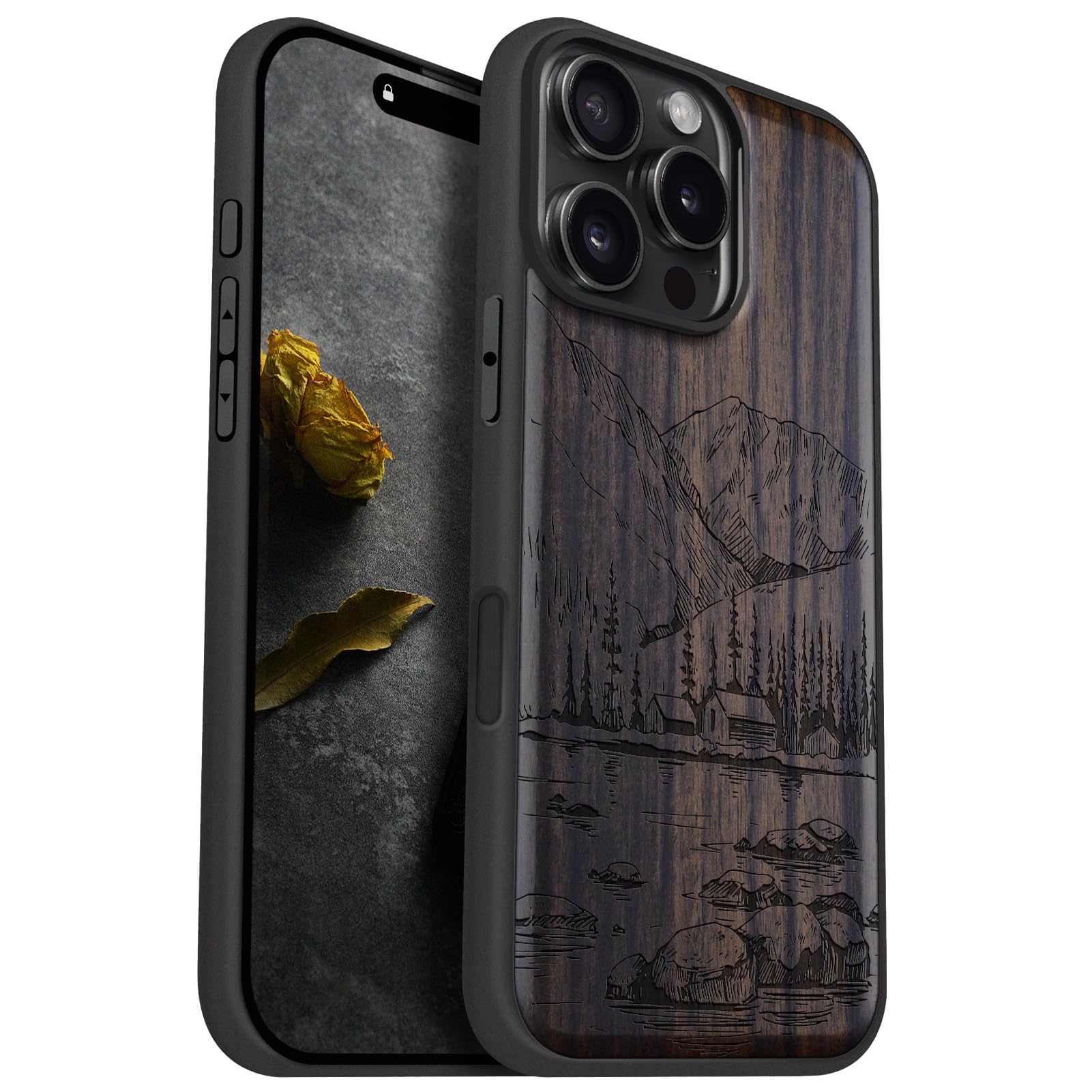 Carveit Magnetic Wooden Case for iPhone 16 Pro Max Case, Wood Artisan Engraved & Black Soft TPU Shockproof Cover, Compatible with MagSafe Wireless
