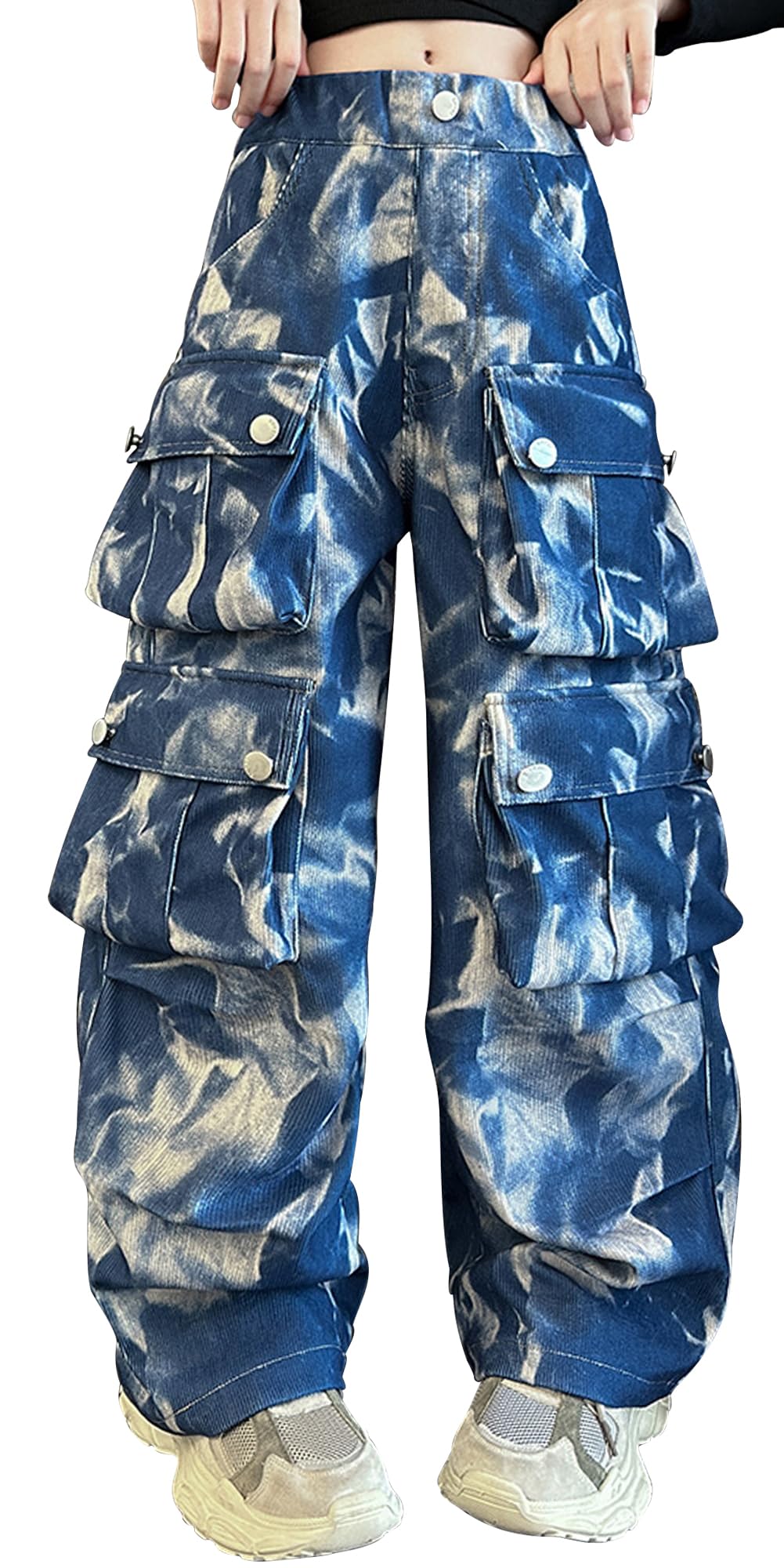 SEAUR Meisjes Jeans Baggy Cargobroek met meerdere zakken, Cargobroek Y2K Hip Hop Streetwear, Casual Kinderjeans met Elastische Taille, Tie-Dye - 120-170=(EU 110-164), blauw, 134