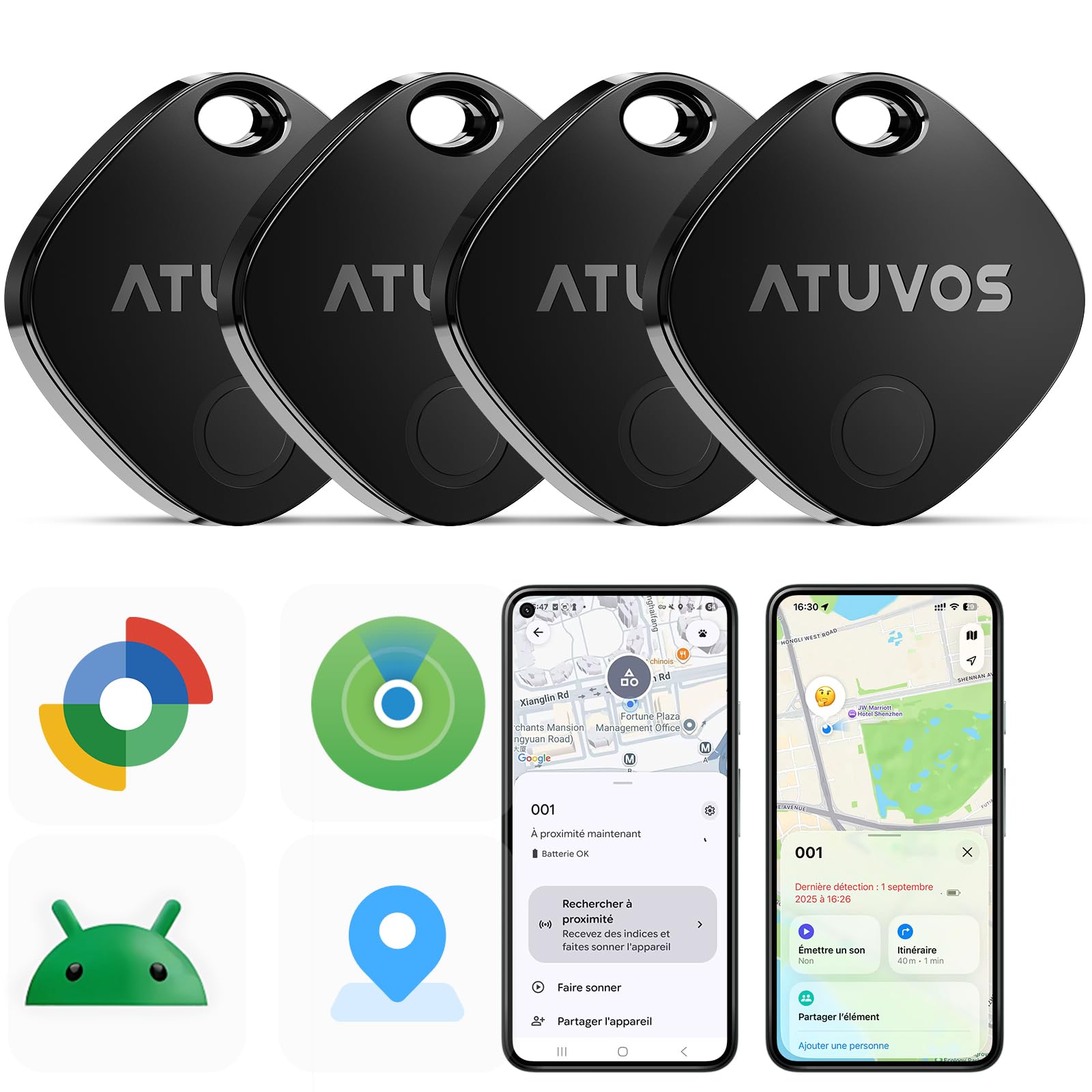 ATUVOS Android Air Tag Traceur Lot de 4, Smarttag Fonctionne avec l’app Google et Apple Localiser, Localisateurs Bluetooth Tracker pour Les Clés/Portefeuilles/Valises/Bagages, Batterie Remplaçable