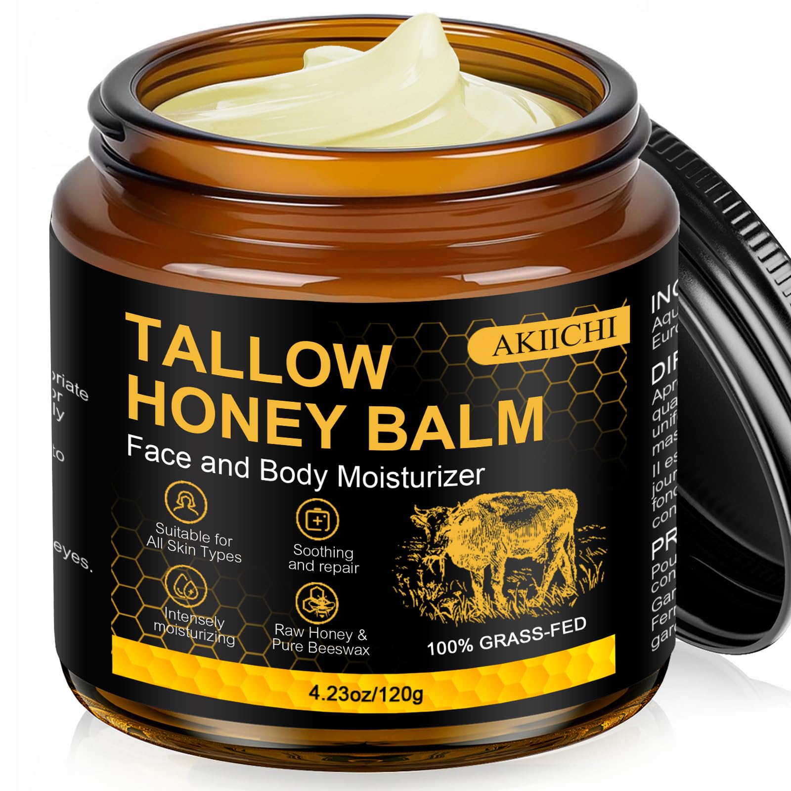 Whipped Beef Tallow Face Cream, 100% Grass-Fed Tallow and Honey Balm, Beef Tallow Skincare Moisturizer for Skin & Face, All Natural Body Butter Lotion with Raw Honey & Beeswax, Unscented, 4.2 Oz