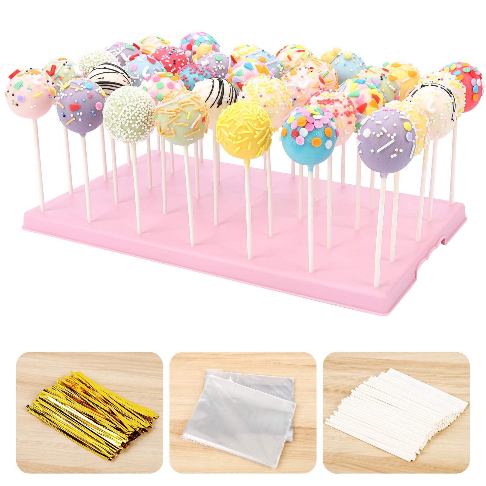 Photo 1 of **NO BAGS** Cake Pop Display Stand Holder - 35 Holes Large Capacity Lollipop Stands, Pink - Complete Kit for Princess Party, Girls Birthday, Wedding Decorations