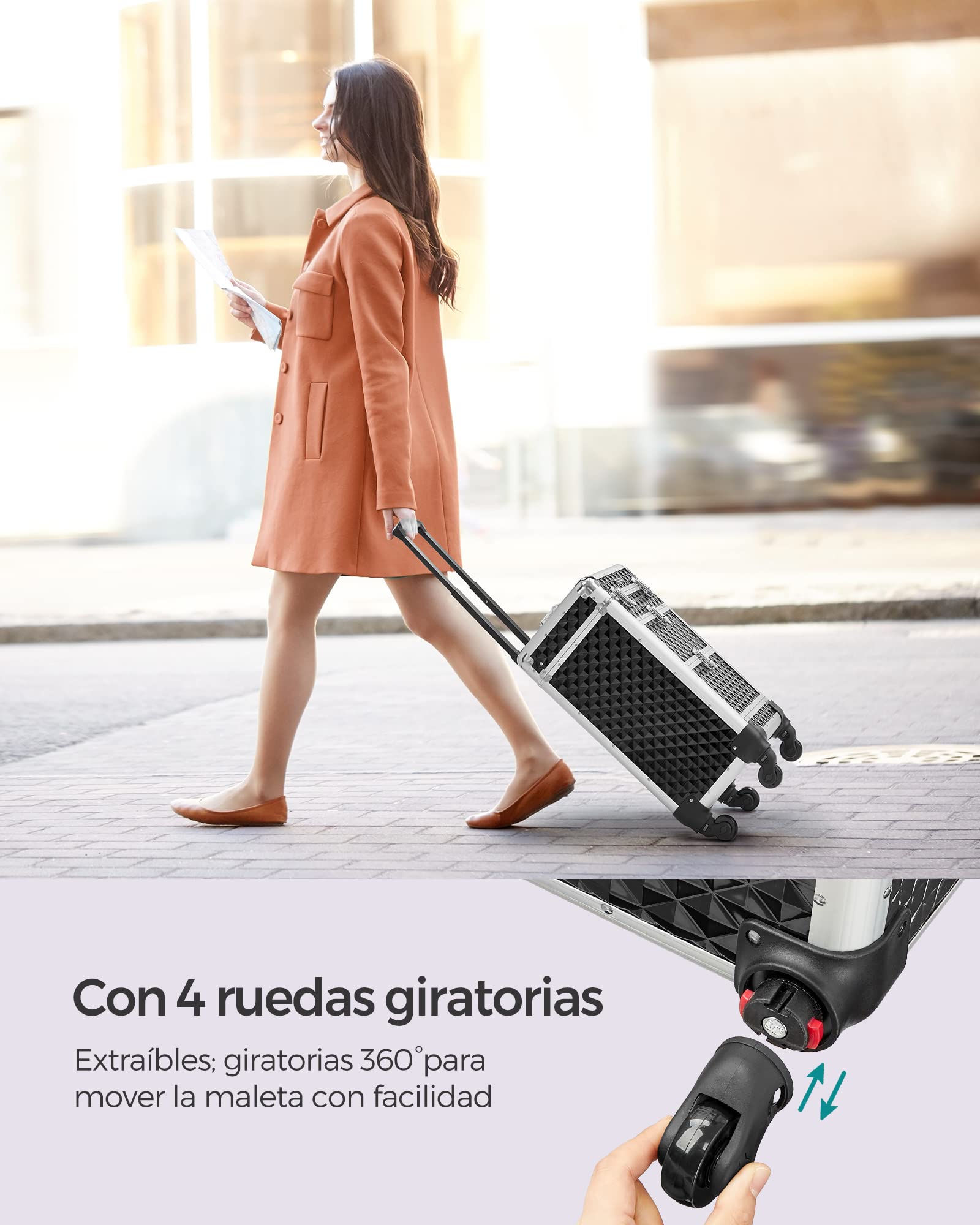 SONGMICS Maleta de Maquillaje Profesional, Maletín para Cosméticos, Maletín de Peluquería, con 2 Cajones, Grande, Ruedas 360°, para Viaje, Regalo Ideal