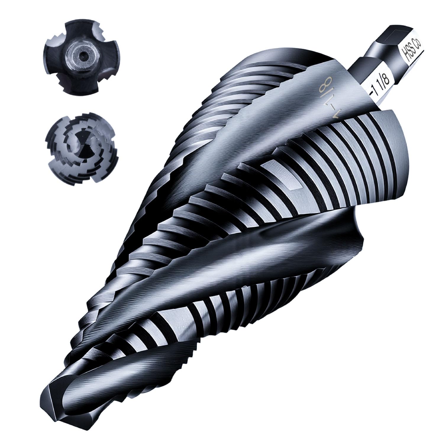 AugTouf Four Spiral Flute Cobalt Step Drill Bit(Pro Max), 1/4"-1-1/8" Impact Ready Four Spiral Flutes Unibit Step Bit, 1/4" Hex Shank Unibit for Metal, Stainless Steel, Aluminum, Wood, Plastic