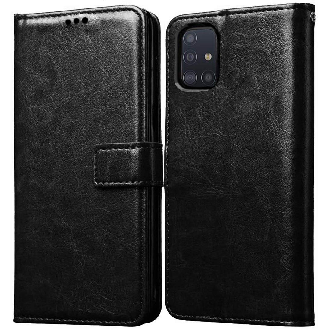 Casotec Leather Kickstand Wallet Flip Case Cover with Megnetic Closure for Samsung Galaxy A71 - Black